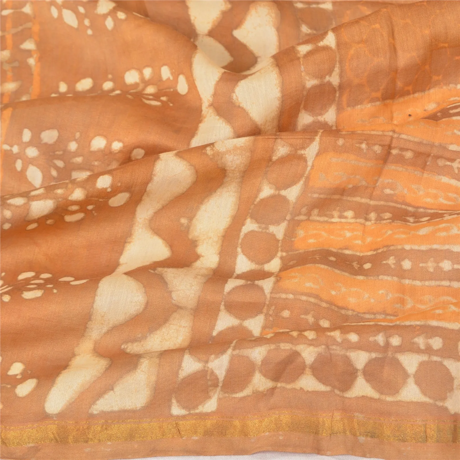 Sanskriti Vintage Dupatta Long Stole Pure Chanderi Silk Brown Batik Work Scarves