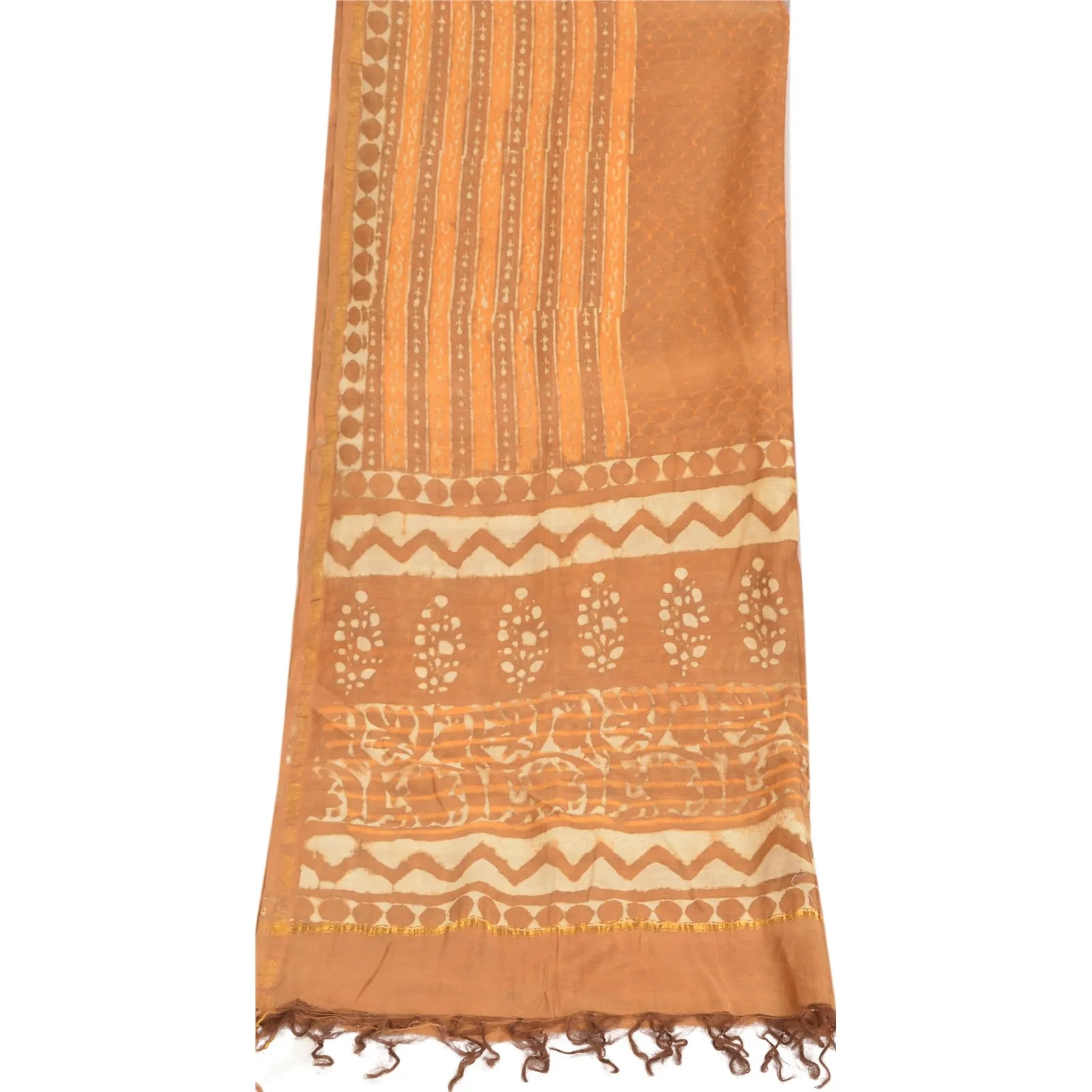 Sanskriti Vintage Dupatta Long Stole Pure Chanderi Silk Brown Batik Work Scarves