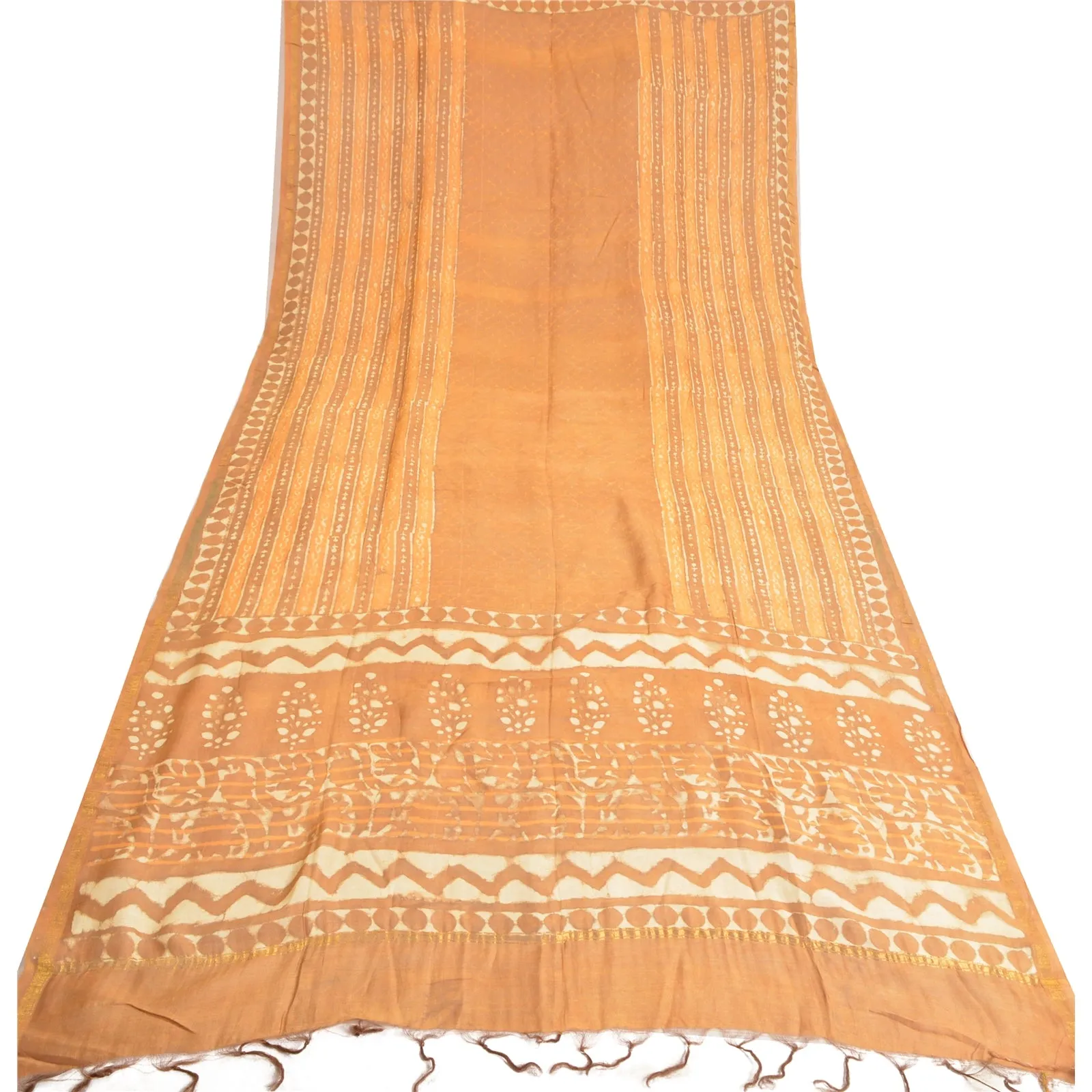 Sanskriti Vintage Dupatta Long Stole Pure Chanderi Silk Brown Batik Work Scarves