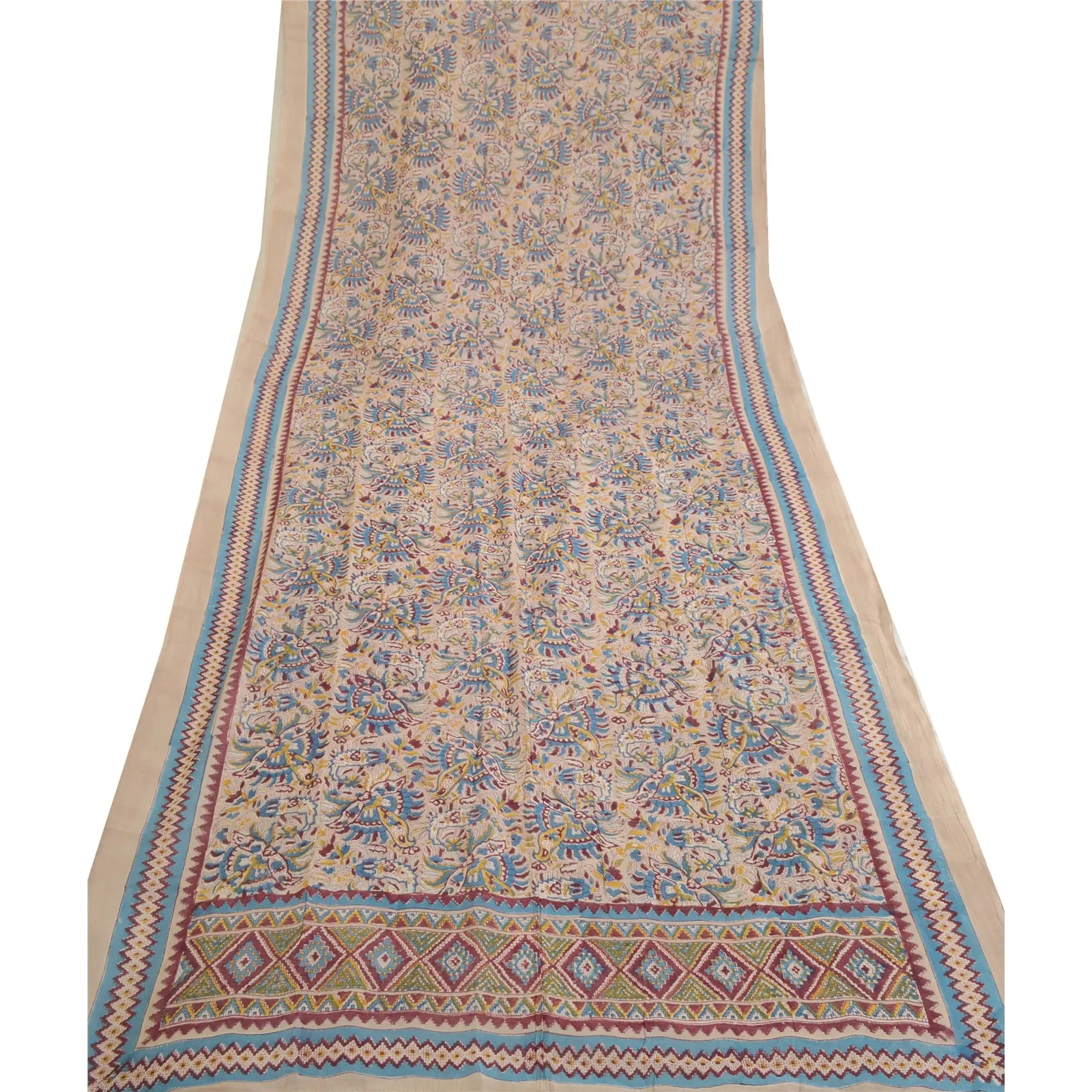 Sanskriti Vintage Dupatta Long Stole Pure Cotton Ivory Kalamkari Printed Scarves