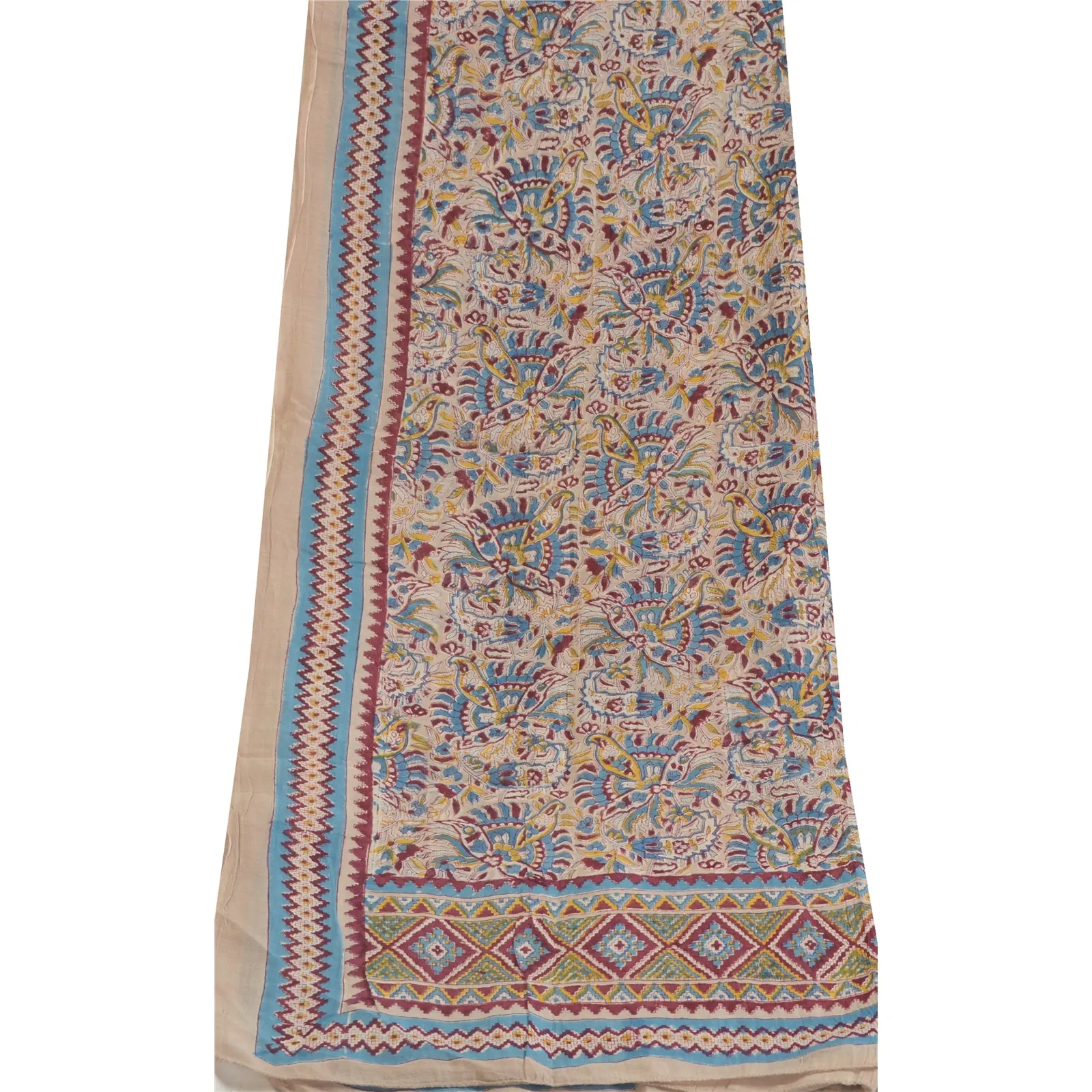 Sanskriti Vintage Dupatta Long Stole Pure Cotton Ivory Kalamkari Printed Scarves