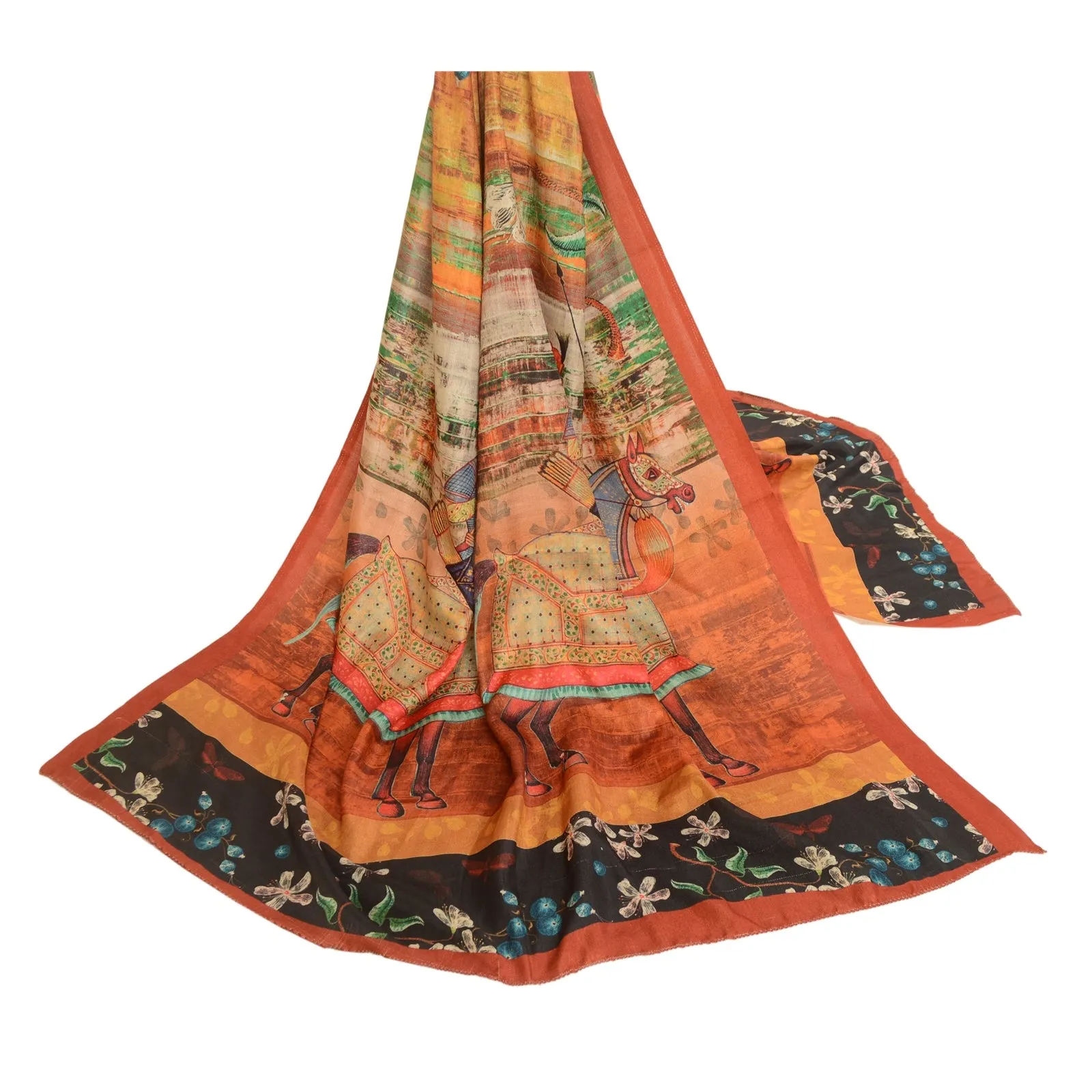 Sanskriti Vintage Dupatta Long Stole Woolen Orange Human Printed Soft Scarves