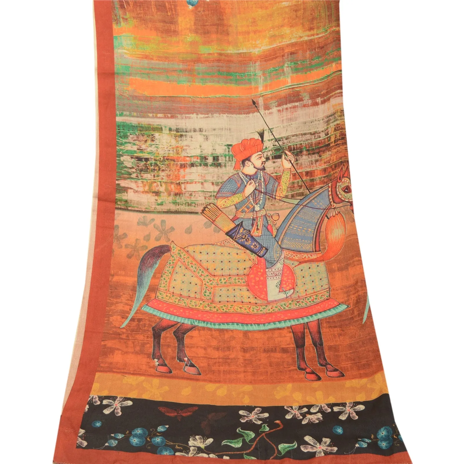 Sanskriti Vintage Dupatta Long Stole Woolen Orange Human Printed Soft Scarves