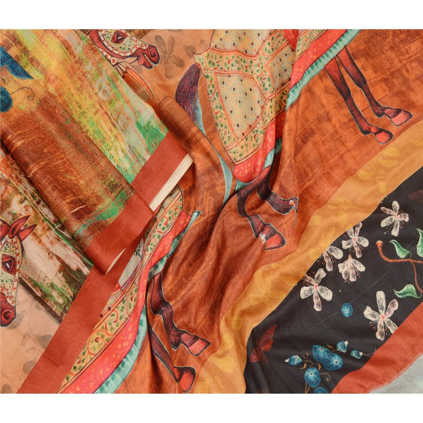 Sanskriti Vintage Dupatta Long Stole Woolen Orange Human Printed Soft Scarves