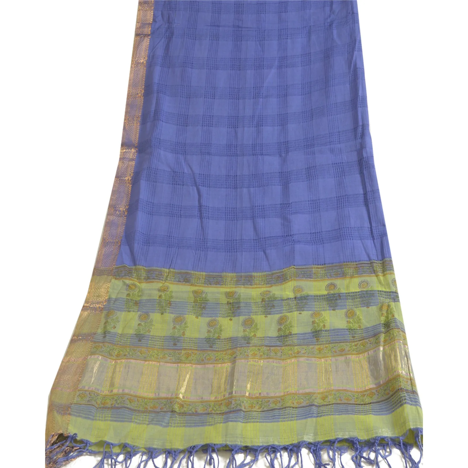 Sanskriti Vintage Long Dupatta Stole Cotton Silk Purple/Green Woven Zari Scarves