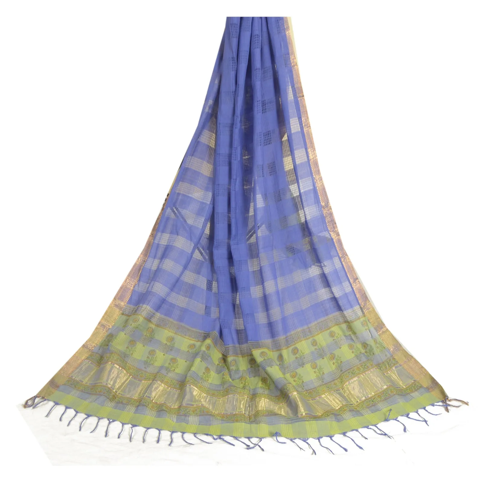 Sanskriti Vintage Long Dupatta Stole Cotton Silk Purple/Green Woven Zari Scarves