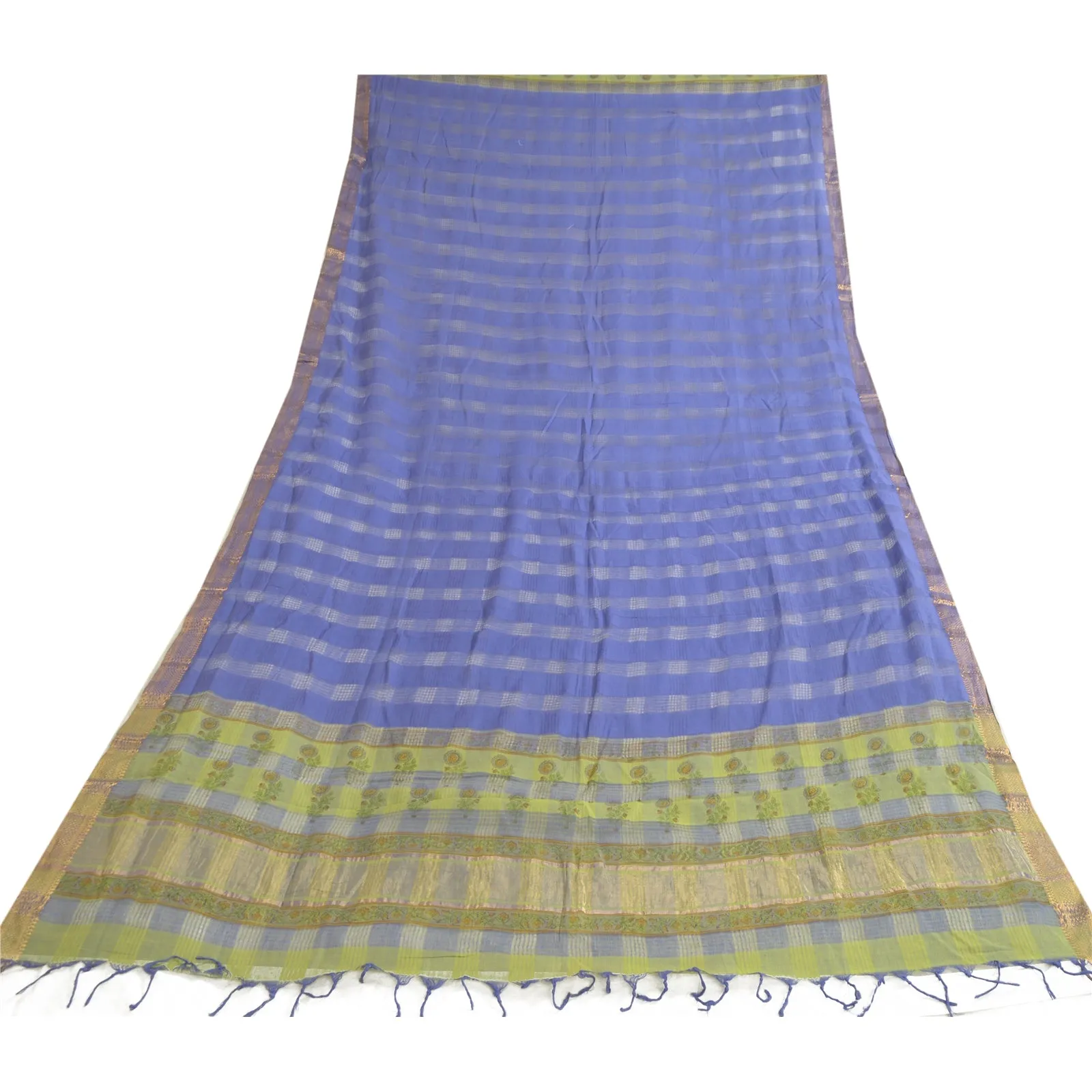 Sanskriti Vintage Long Dupatta Stole Cotton Silk Purple/Green Woven Zari Scarves