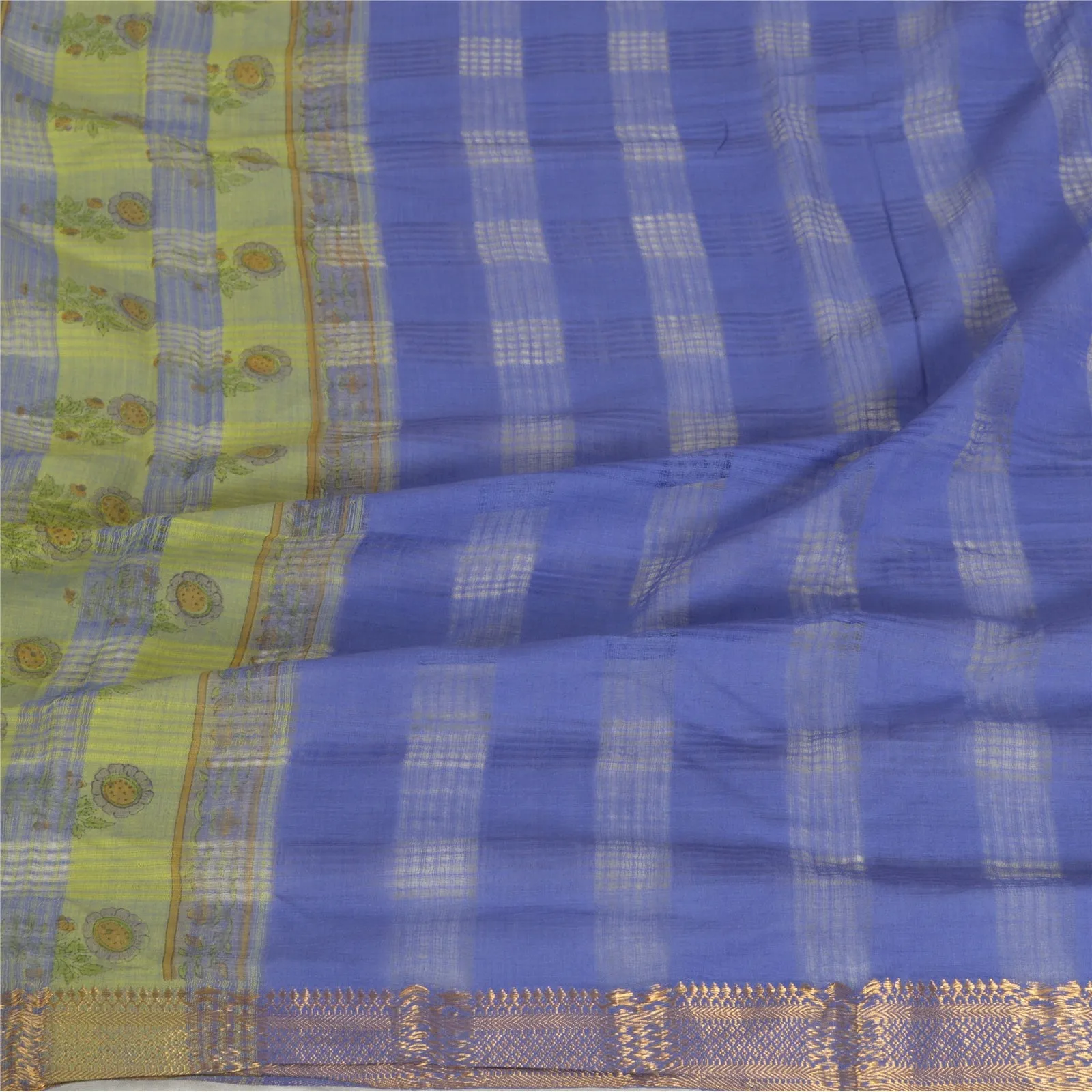 Sanskriti Vintage Long Dupatta Stole Cotton Silk Purple/Green Woven Zari Scarves