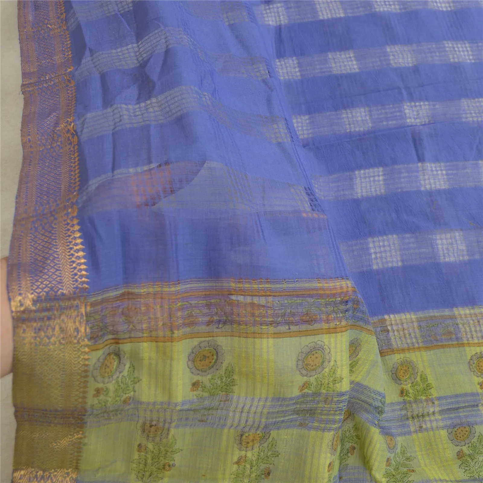 Sanskriti Vintage Long Dupatta Stole Cotton Silk Purple/Green Woven Zari Scarves