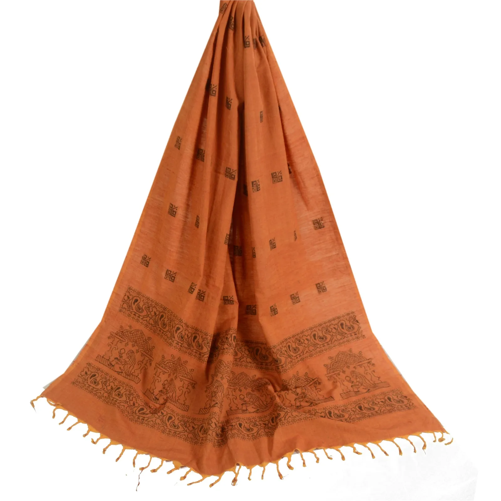 Sanskriti Vintage Long Dupatta Stole Pure Cotton Saffron Hand-Woven Scarves