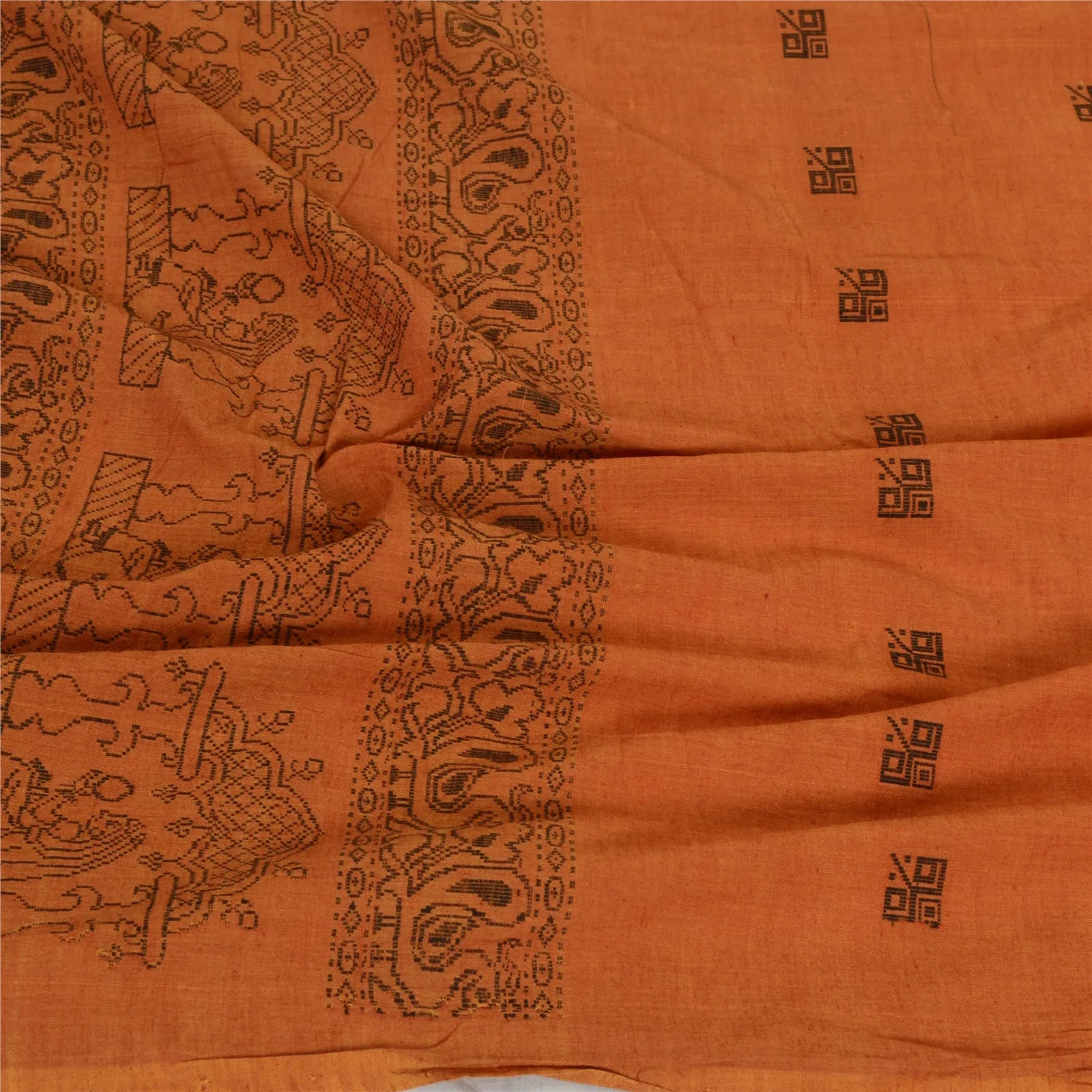 Sanskriti Vintage Long Dupatta Stole Pure Cotton Saffron Hand-Woven Scarves