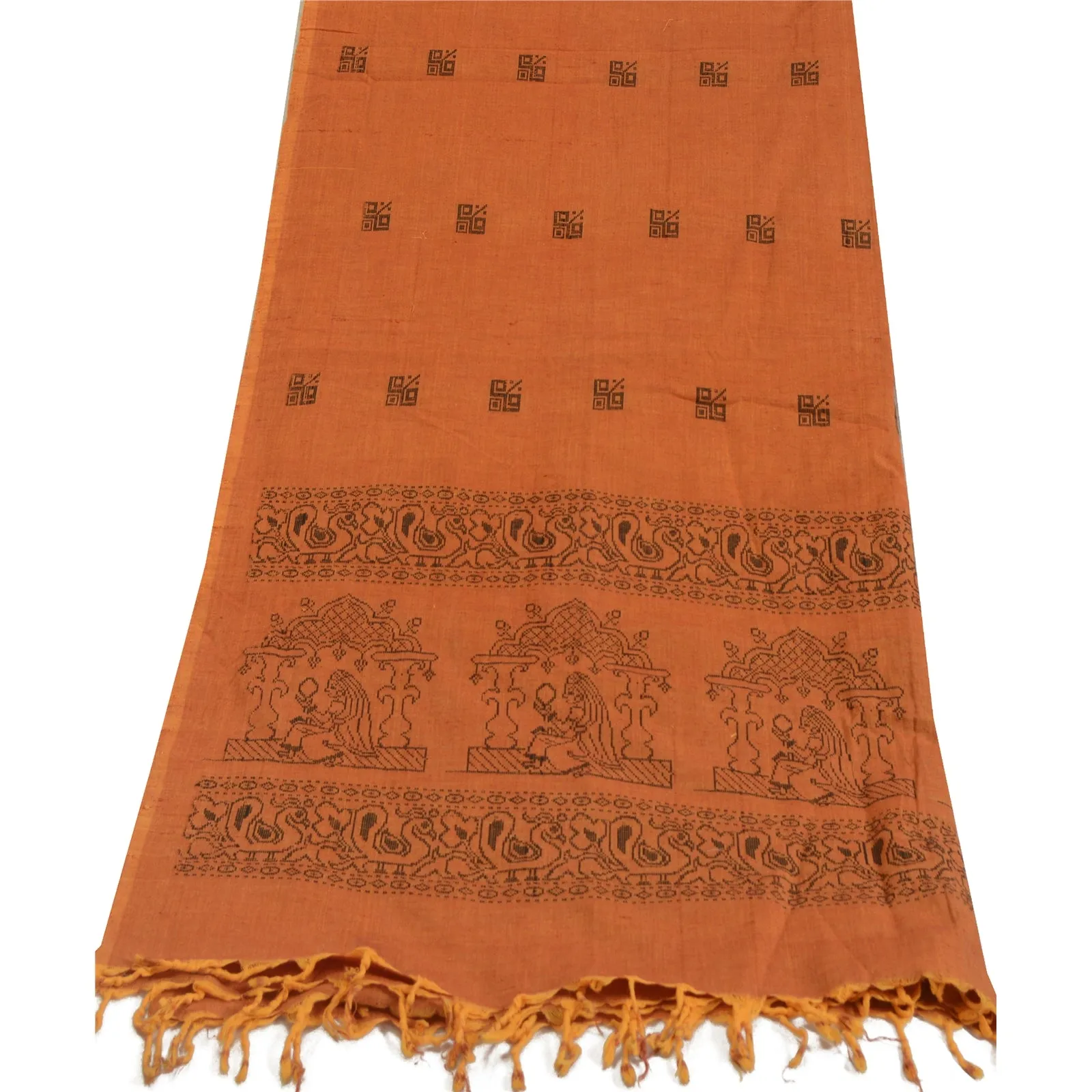 Sanskriti Vintage Long Dupatta Stole Pure Cotton Saffron Hand-Woven Scarves