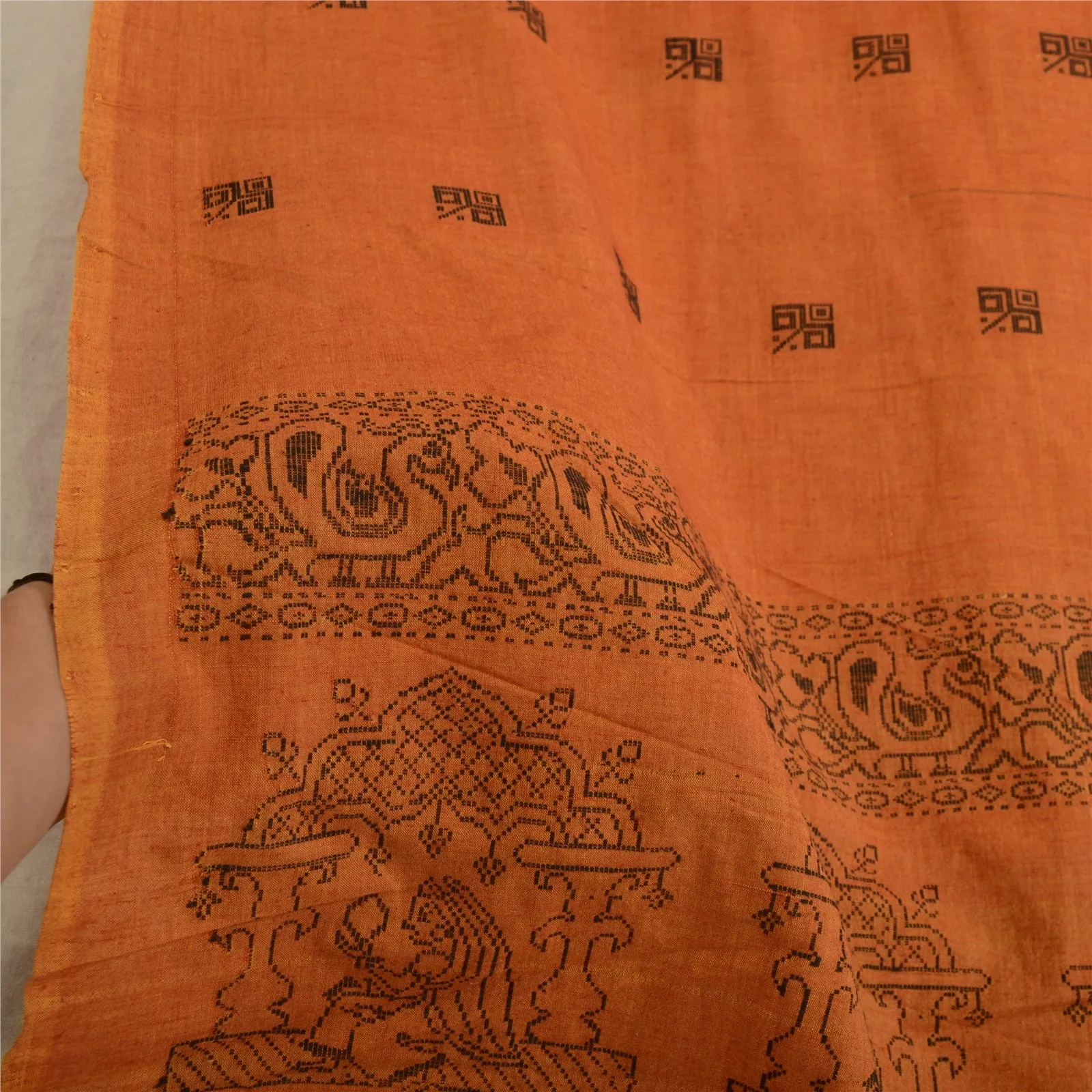 Sanskriti Vintage Long Dupatta Stole Pure Cotton Saffron Hand-Woven Scarves