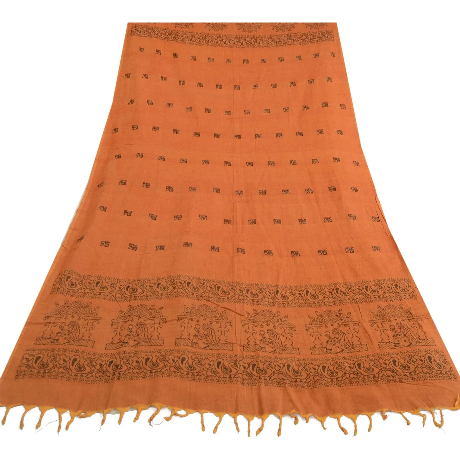 Sanskriti Vintage Long Dupatta Stole Pure Cotton Saffron Hand-Woven Scarves