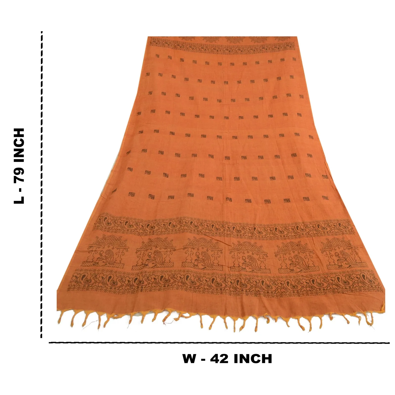 Sanskriti Vintage Long Dupatta Stole Pure Cotton Saffron Hand-Woven Scarves