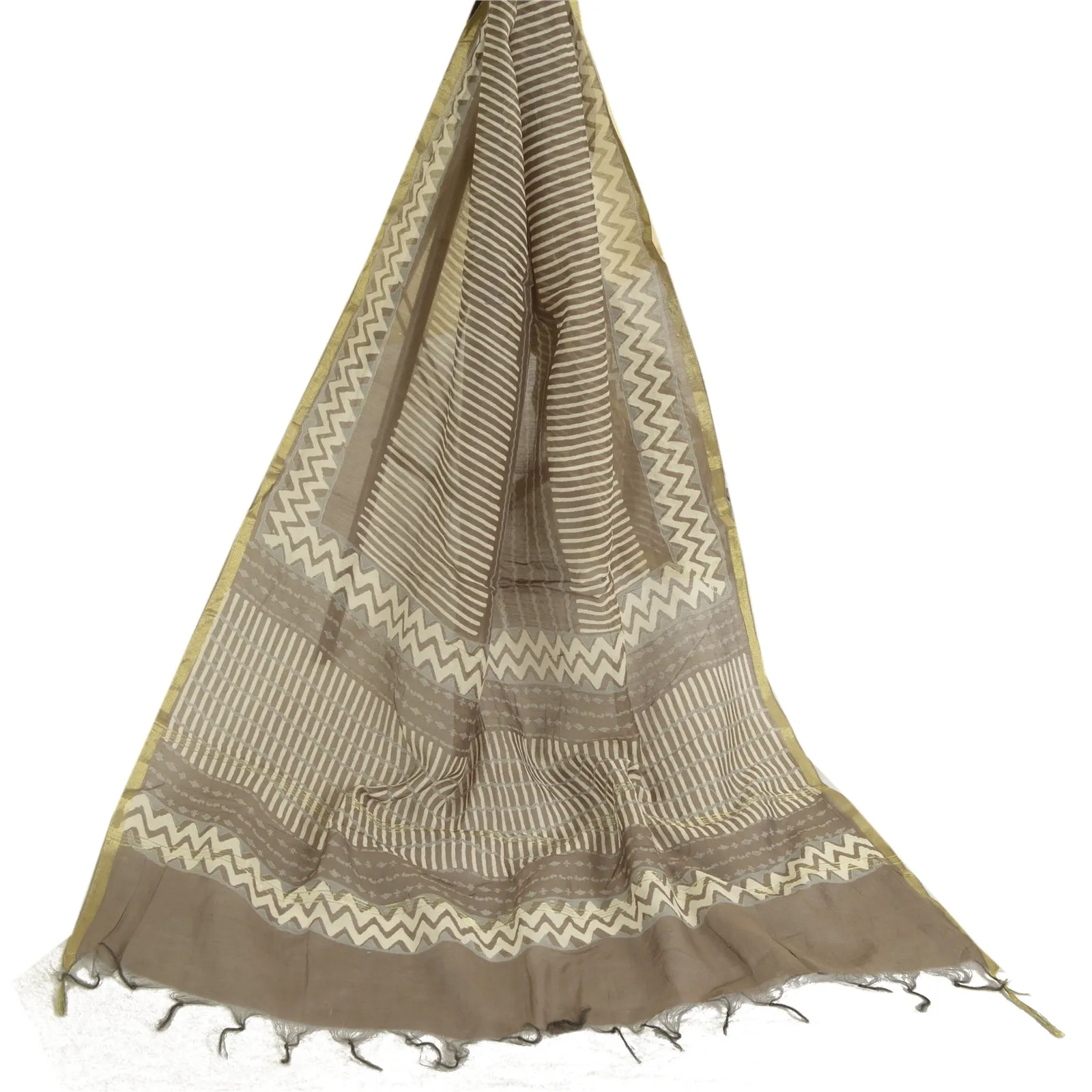 Sanskriti Vintage Long Dupatta Stole Pure Silk Brown Hand-Block Printed Scarves