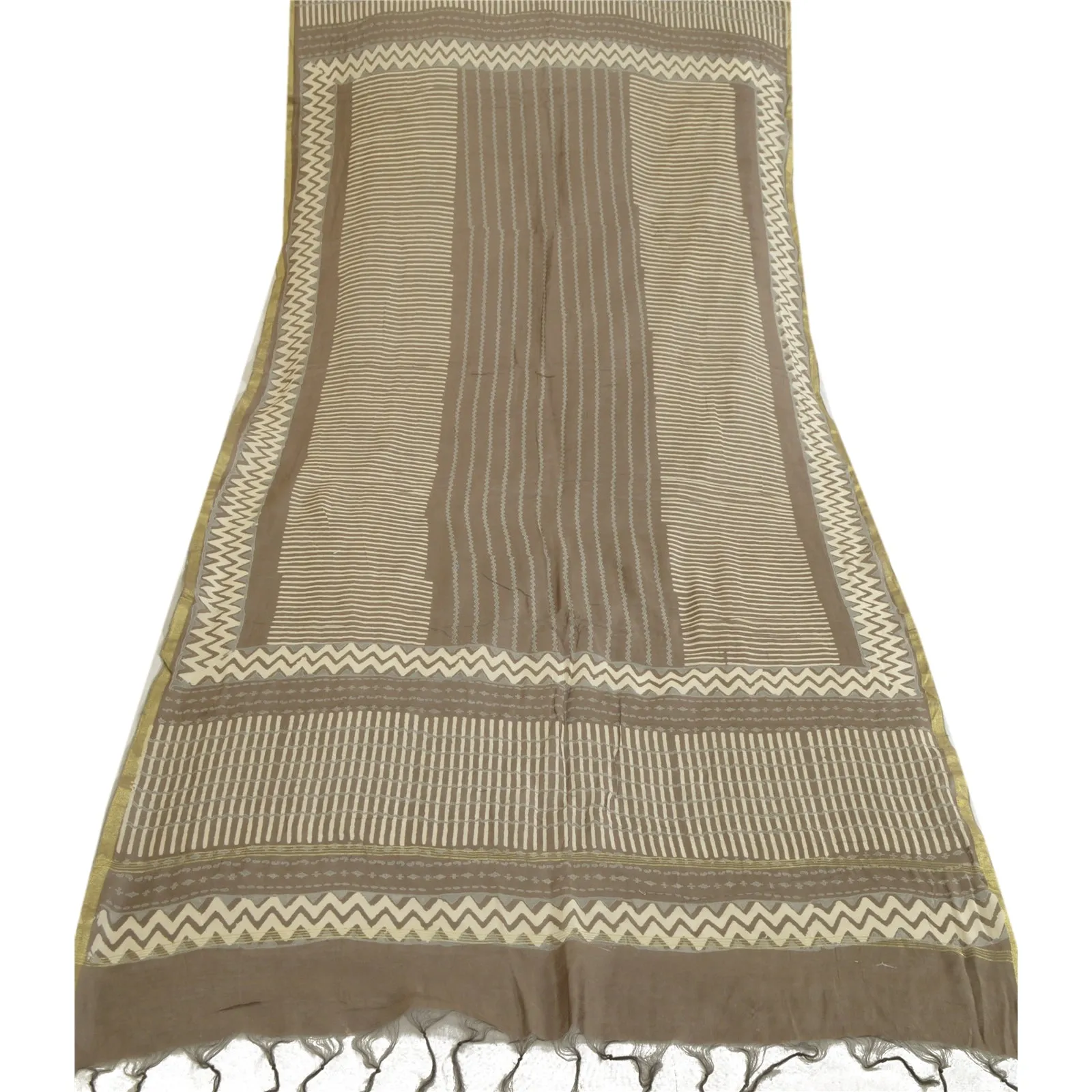 Sanskriti Vintage Long Dupatta Stole Pure Silk Brown Hand-Block Printed Scarves