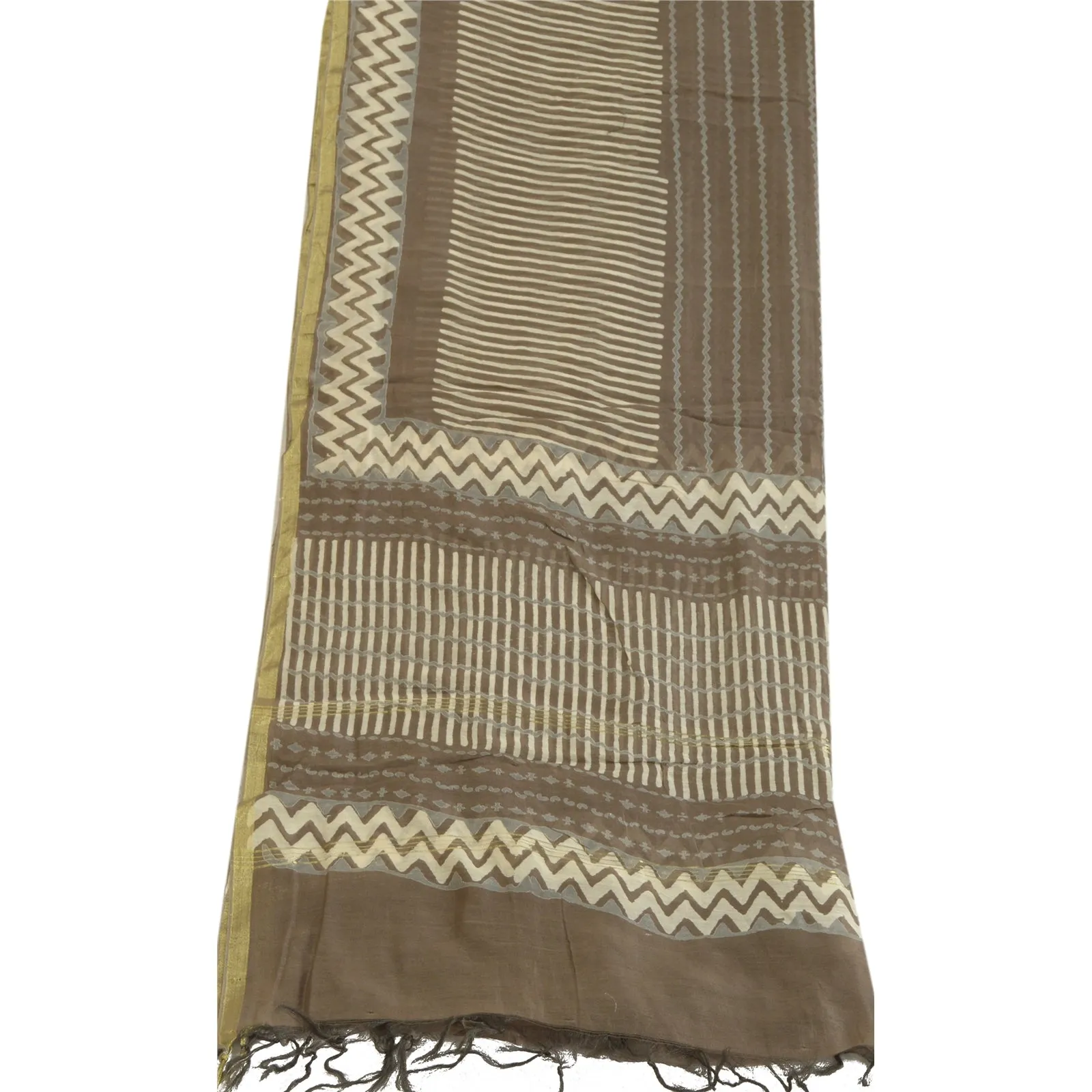 Sanskriti Vintage Long Dupatta Stole Pure Silk Brown Hand-Block Printed Scarves