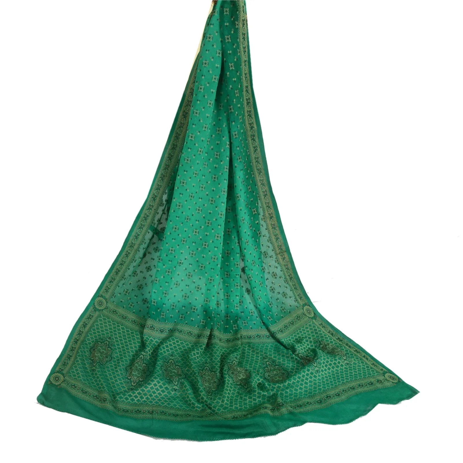 Sanskriti Vintage Long Dupatta Stole Pure Silk Green Hijab Woven Wrap Scarves