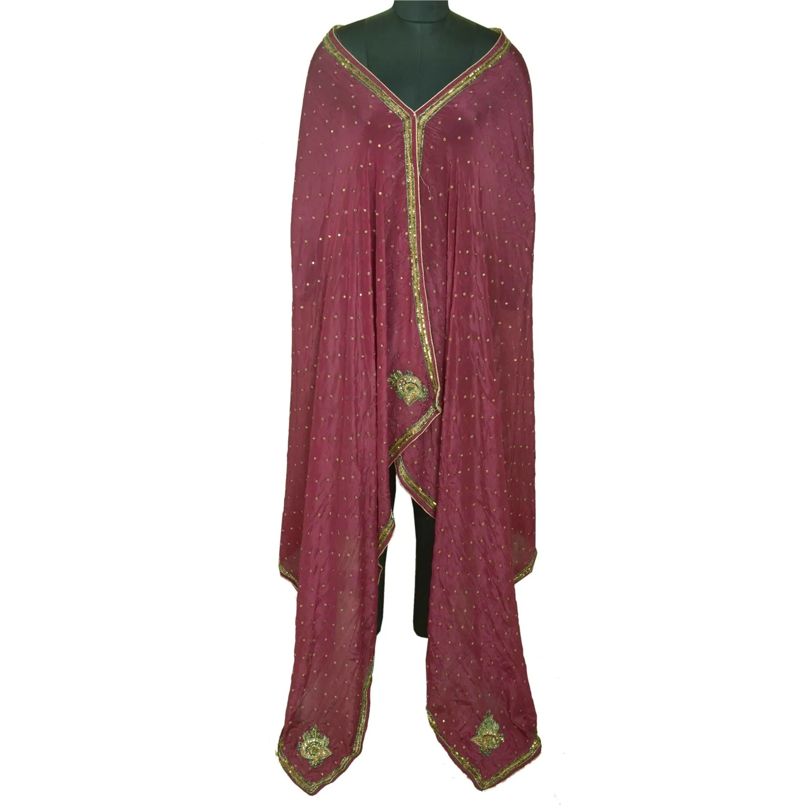 Sanskriti Vintage Long Dupatta Stole Pure Silk Purple Hand Beaded Scarves