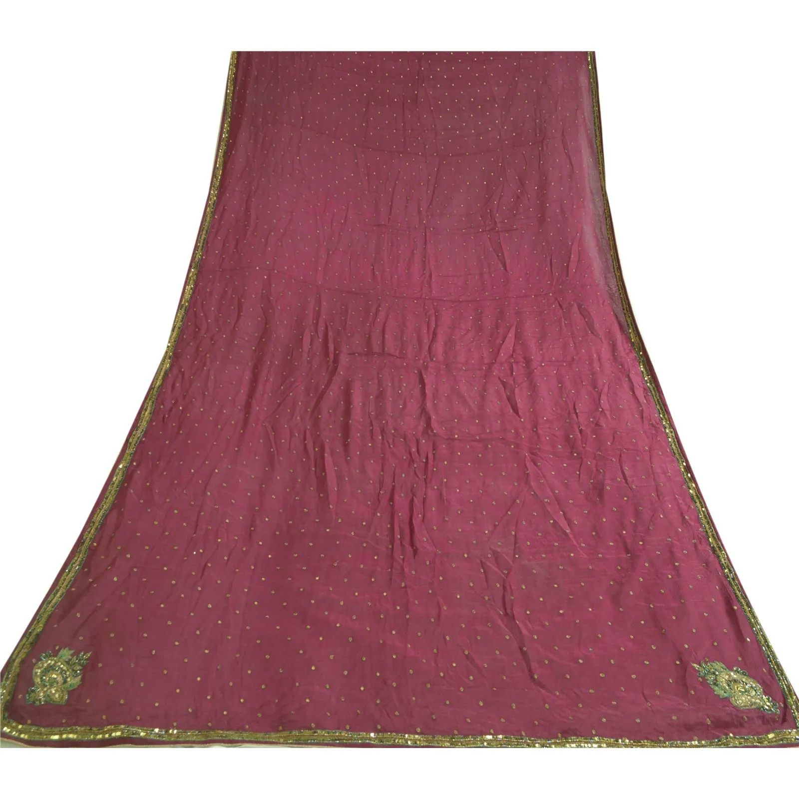 Sanskriti Vintage Long Dupatta Stole Pure Silk Purple Hand Beaded Scarves