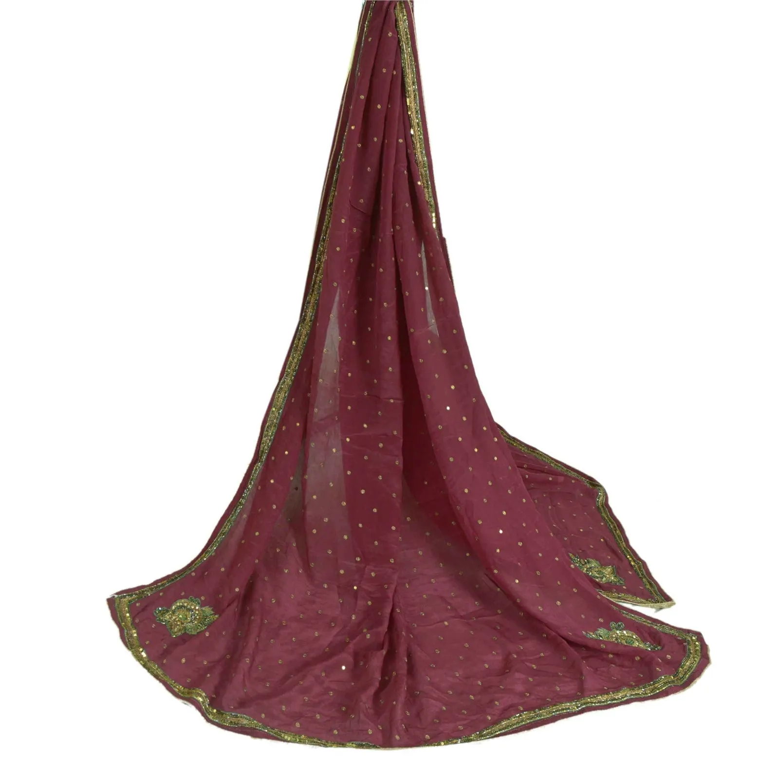 Sanskriti Vintage Long Dupatta Stole Pure Silk Purple Hand Beaded Scarves