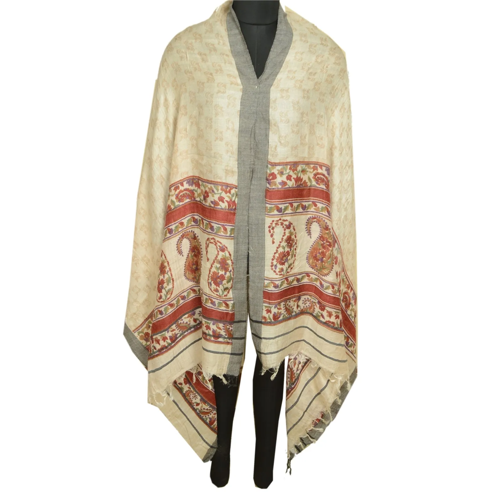 Sanskriti Vintage Long Dupatta Stole Pure Woolen Ivory Shawl Printed Scarves