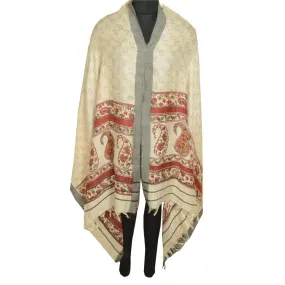 Sanskriti Vintage Long Dupatta Stole Pure Woolen Ivory Shawl Printed Scarves