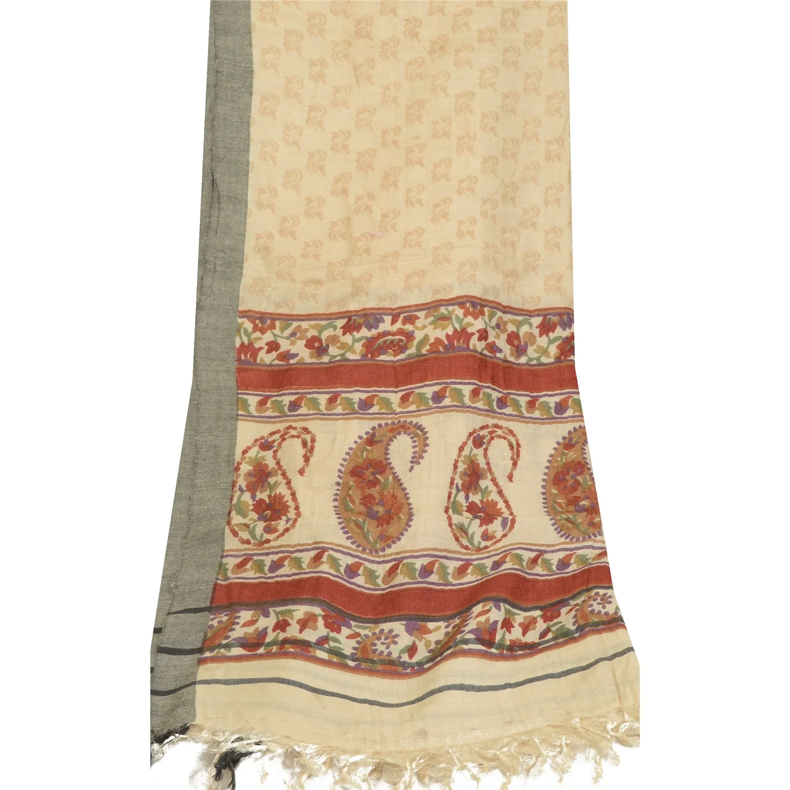 Sanskriti Vintage Long Dupatta Stole Pure Woolen Ivory Shawl Printed Scarves