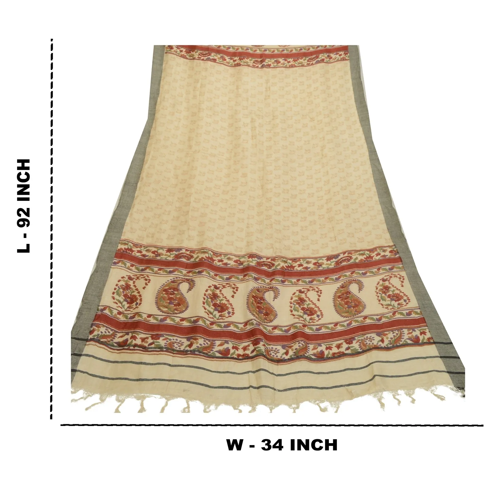 Sanskriti Vintage Long Dupatta Stole Pure Woolen Ivory Shawl Printed Scarves