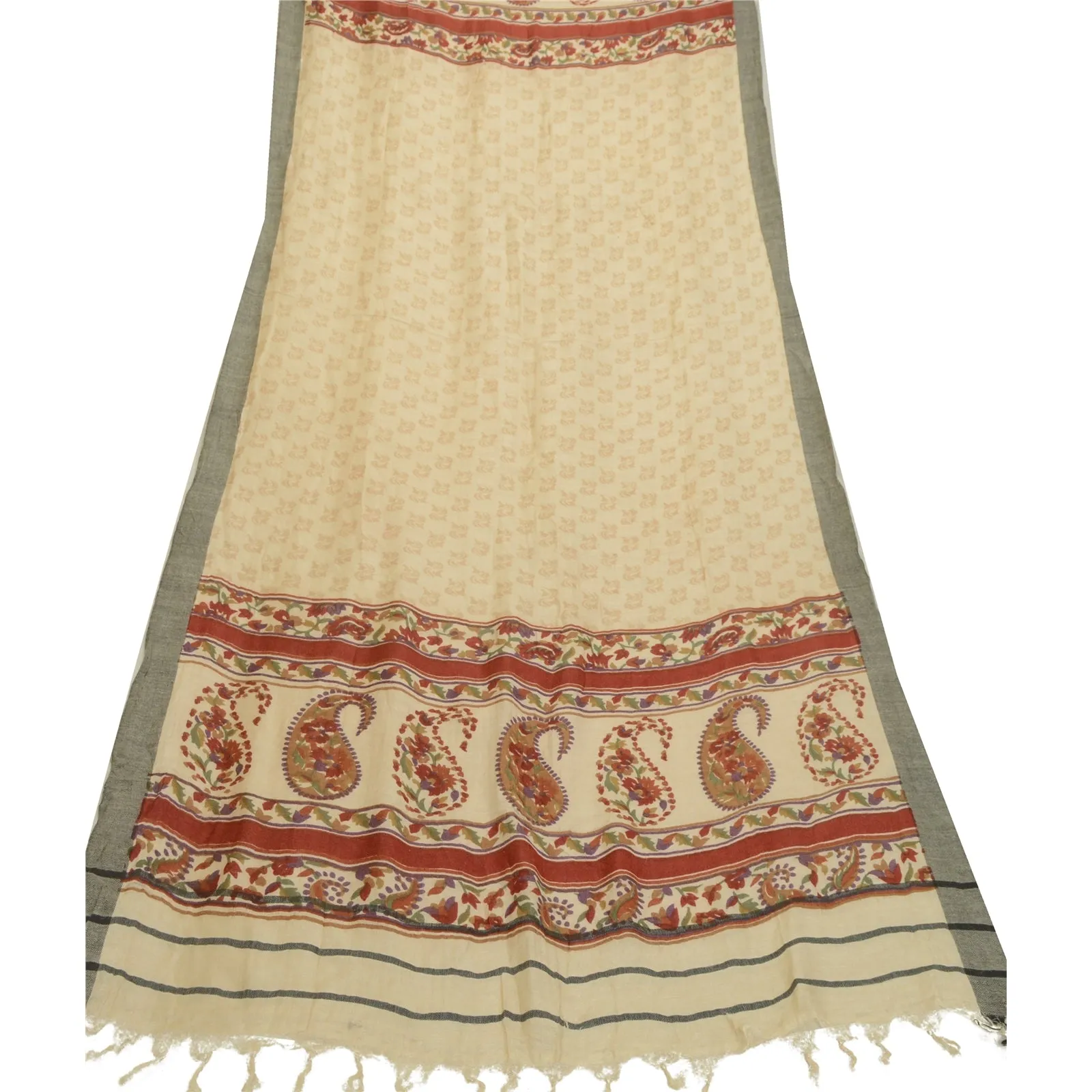 Sanskriti Vintage Long Dupatta Stole Pure Woolen Ivory Shawl Printed Scarves