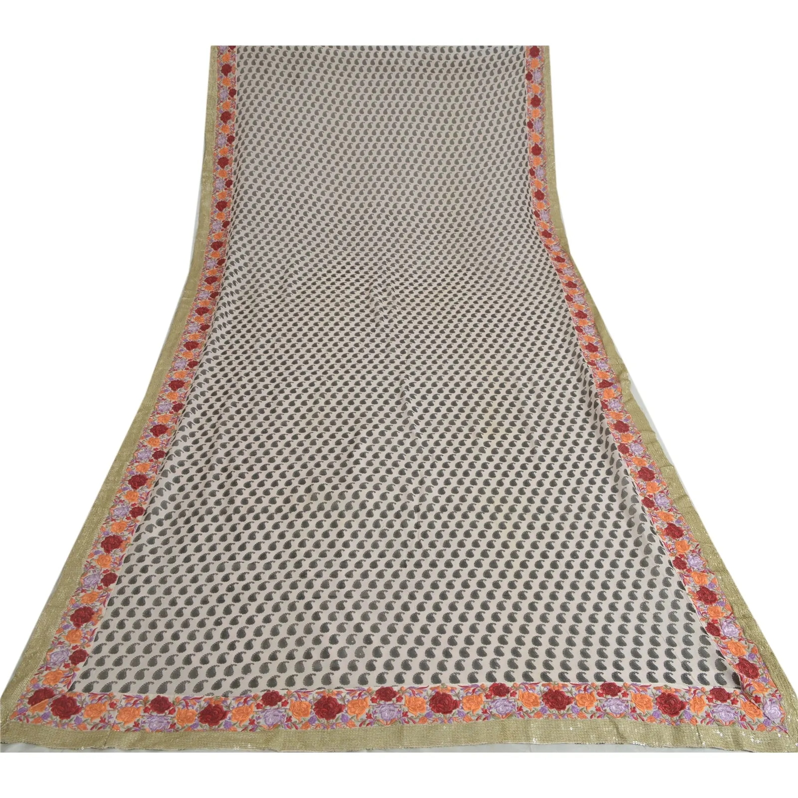 Sanskriti Vintage Long Ivory Dupatta Pure Silk Printed Embroidered Lace Scarves