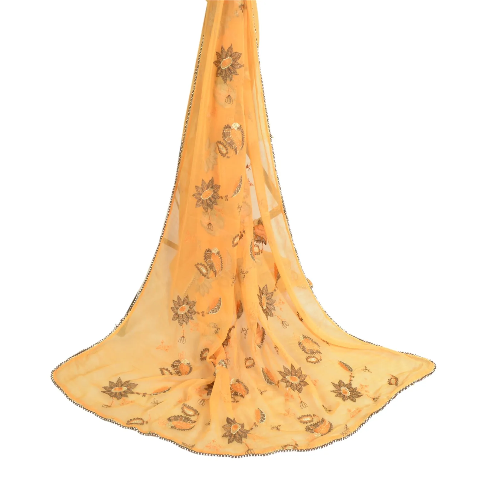 Sanskriti Vintage Long Peach Dupatta/Stole Pure Chiffon Silk Embroidered Scarves