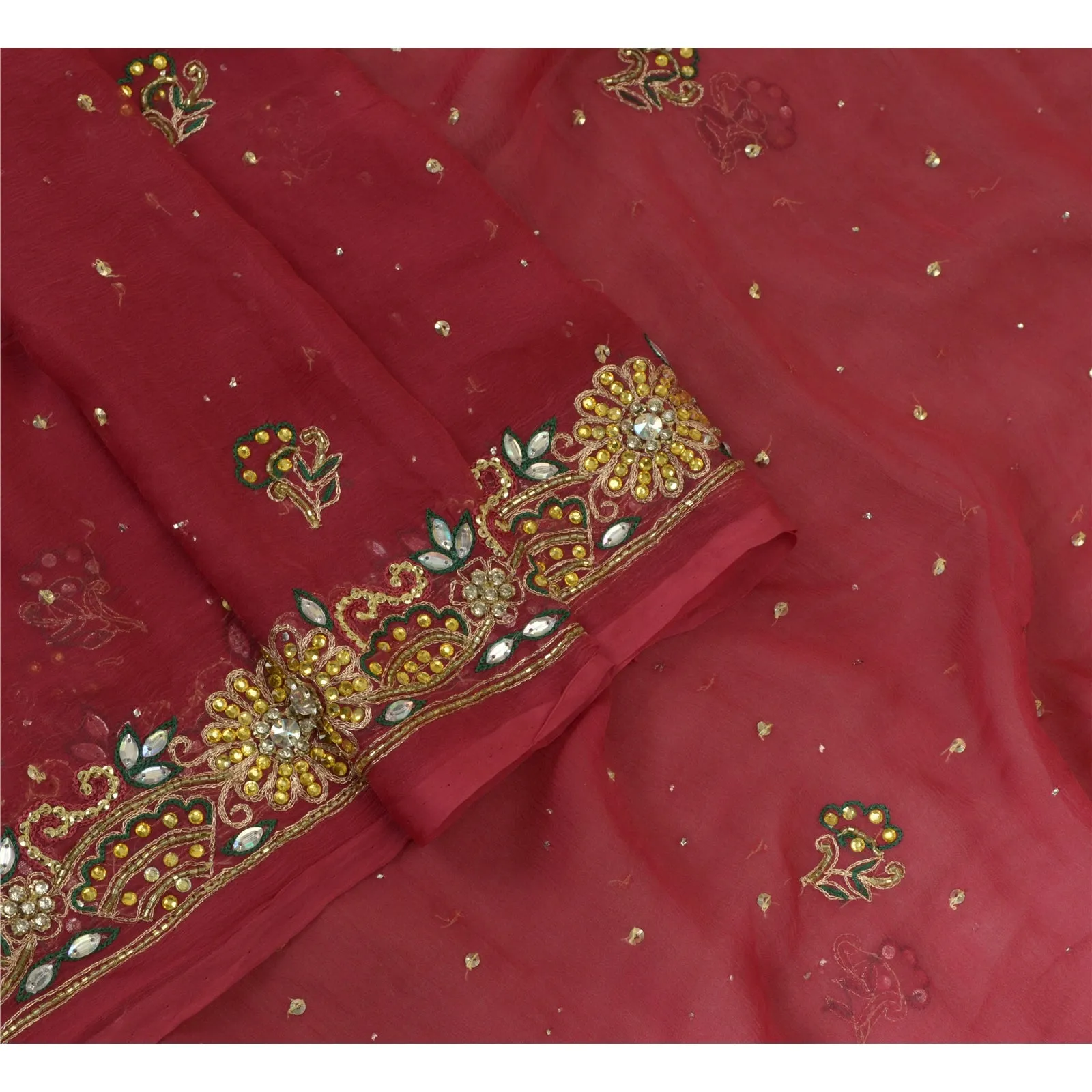 Sanskriti Vintage Long Pink Dupatta/Stole Pure Chiffon Silk Hand Beaded Scarves