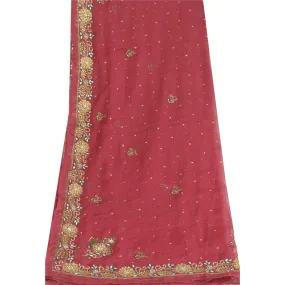 Sanskriti Vintage Long Pink Dupatta/Stole Pure Chiffon Silk Hand Beaded Scarves