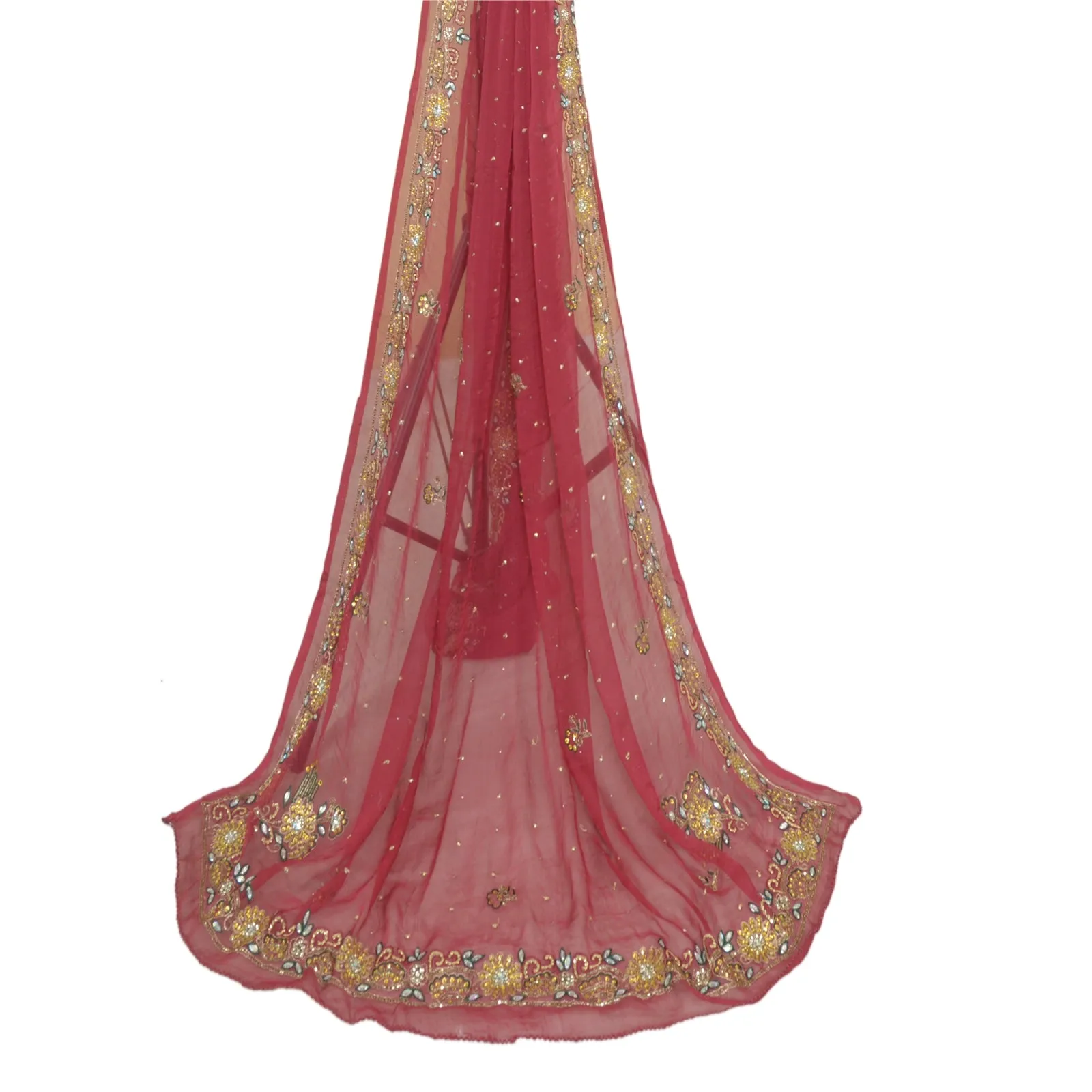 Sanskriti Vintage Long Pink Dupatta/Stole Pure Chiffon Silk Hand Beaded Scarves