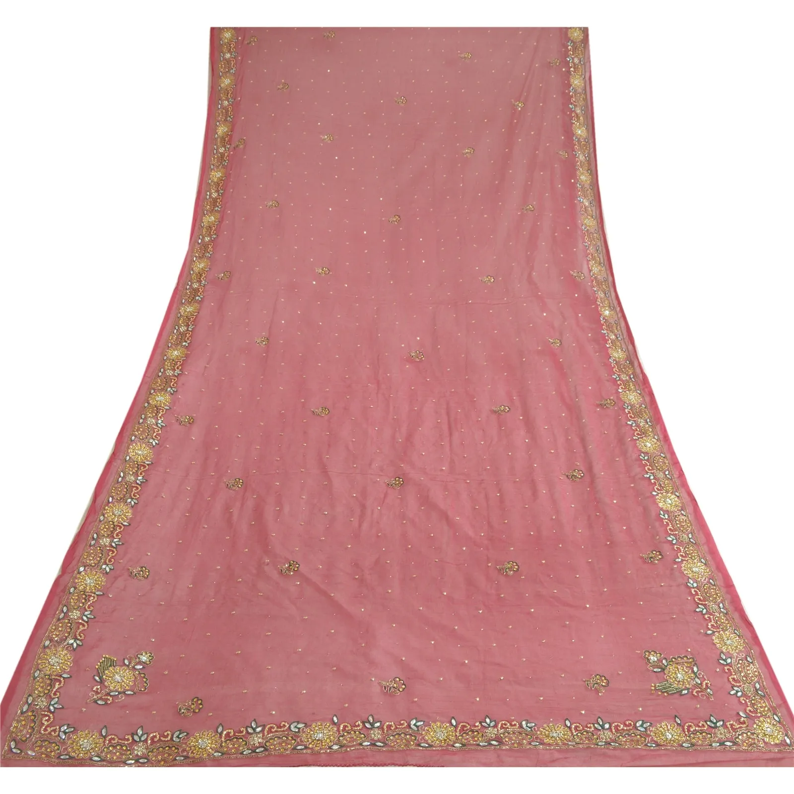 Sanskriti Vintage Long Pink Dupatta/Stole Pure Chiffon Silk Hand Beaded Scarves