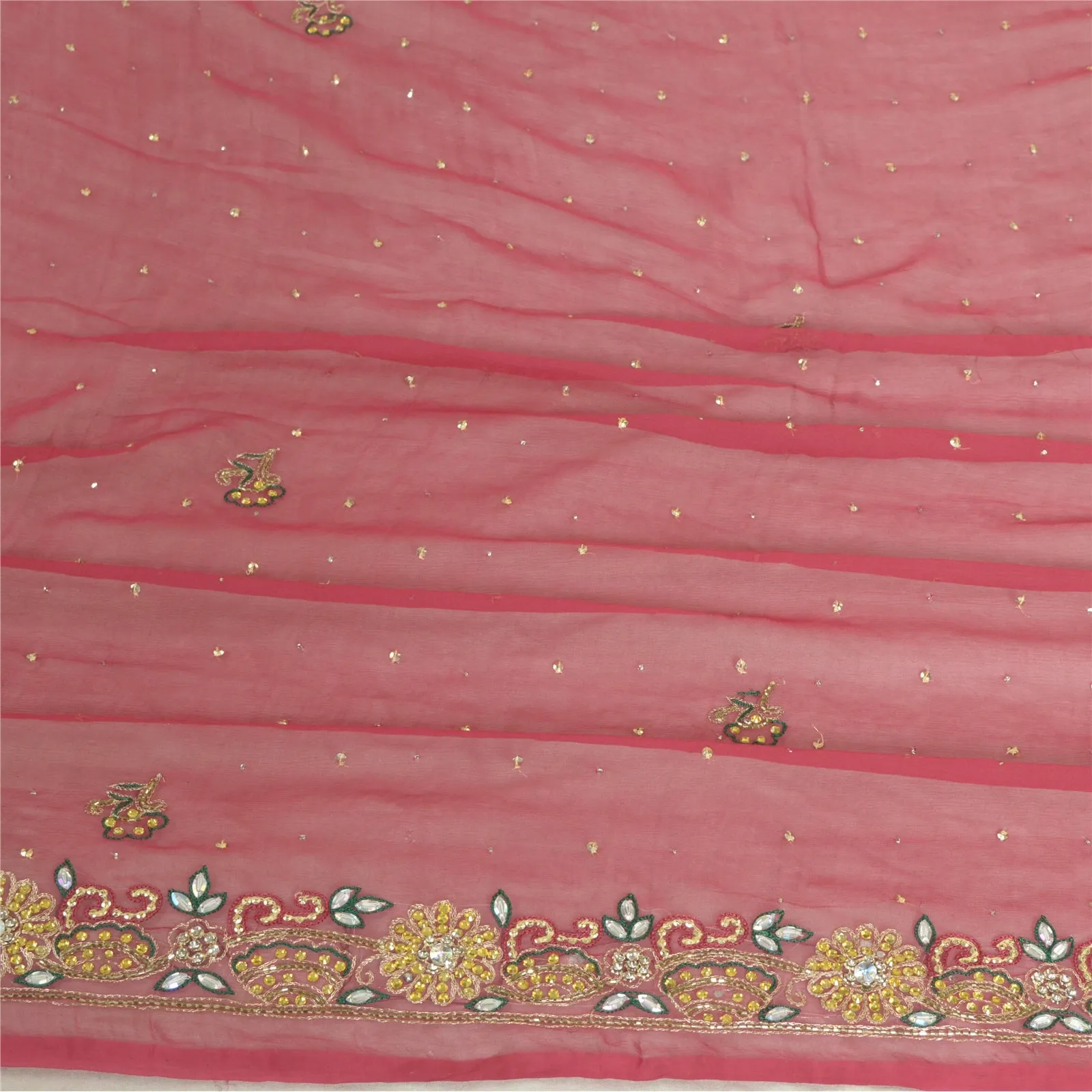 Sanskriti Vintage Long Pink Dupatta/Stole Pure Chiffon Silk Hand Beaded Scarves