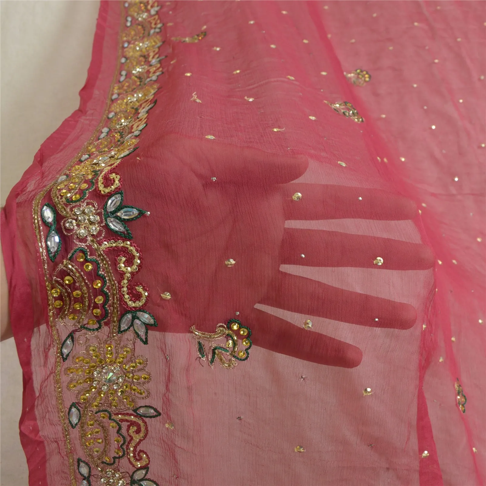 Sanskriti Vintage Long Pink Dupatta/Stole Pure Chiffon Silk Hand Beaded Scarves