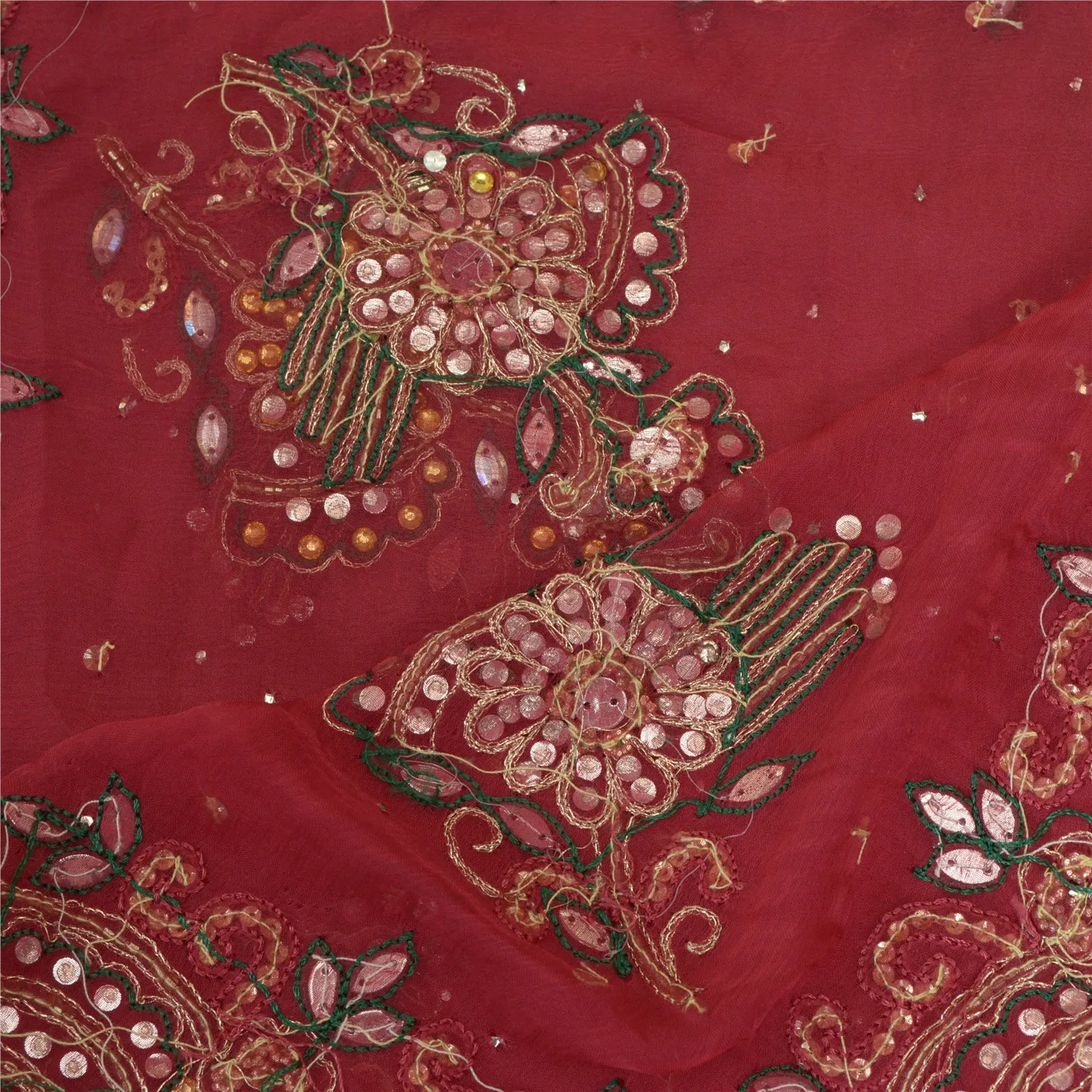 Sanskriti Vintage Long Pink Dupatta/Stole Pure Chiffon Silk Hand Beaded Scarves