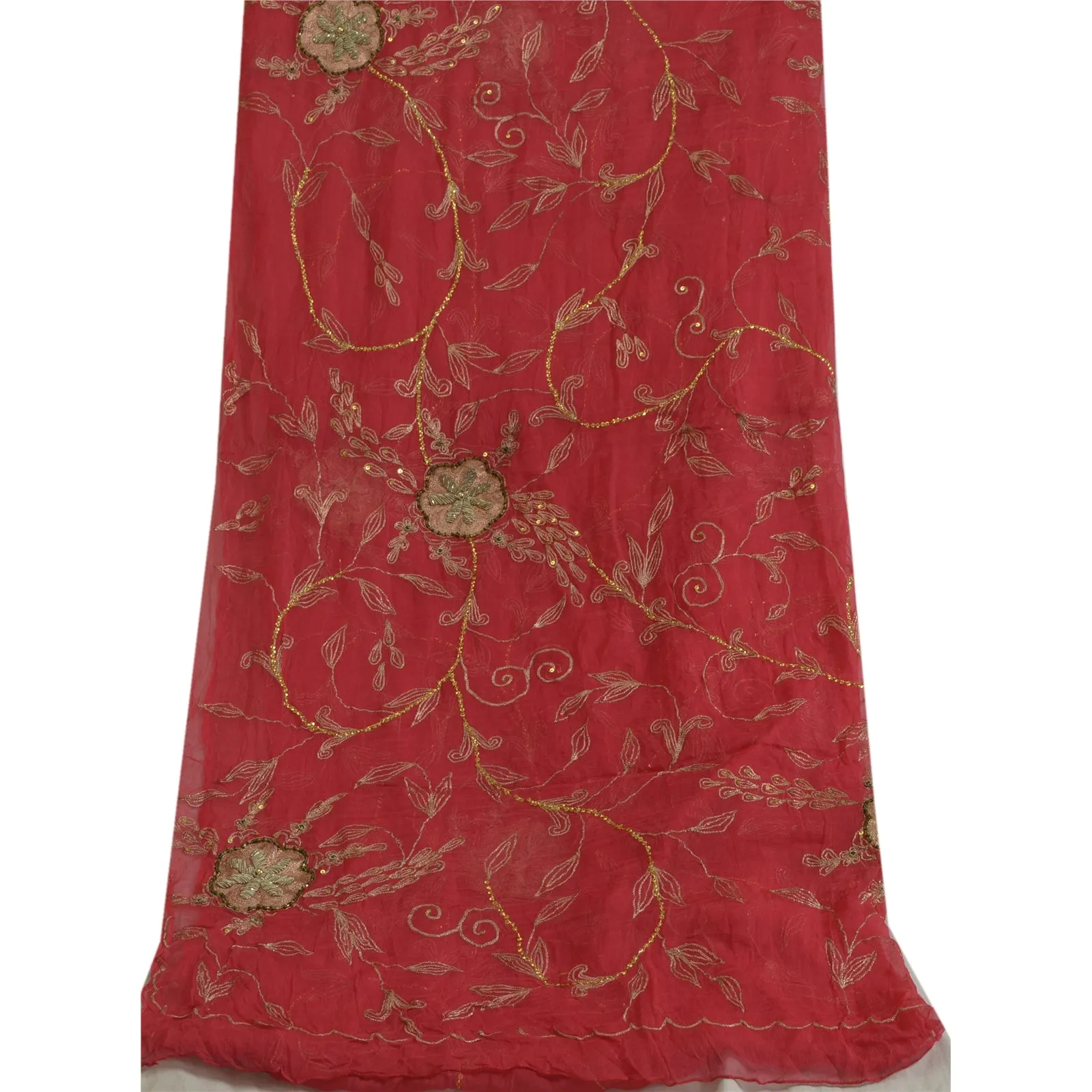 Sanskriti Vintage Long Red Dupatta/Stole Pure Chiffon Silk Hand Beaded Scarves