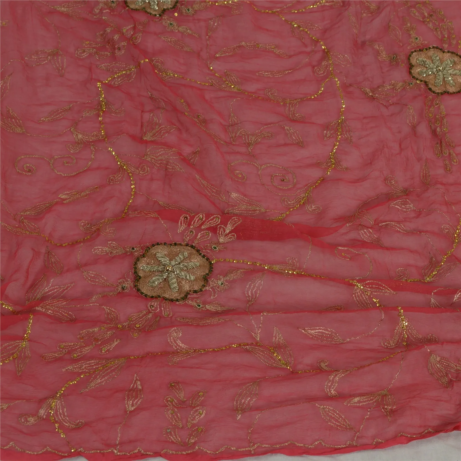 Sanskriti Vintage Long Red Dupatta/Stole Pure Chiffon Silk Hand Beaded Scarves