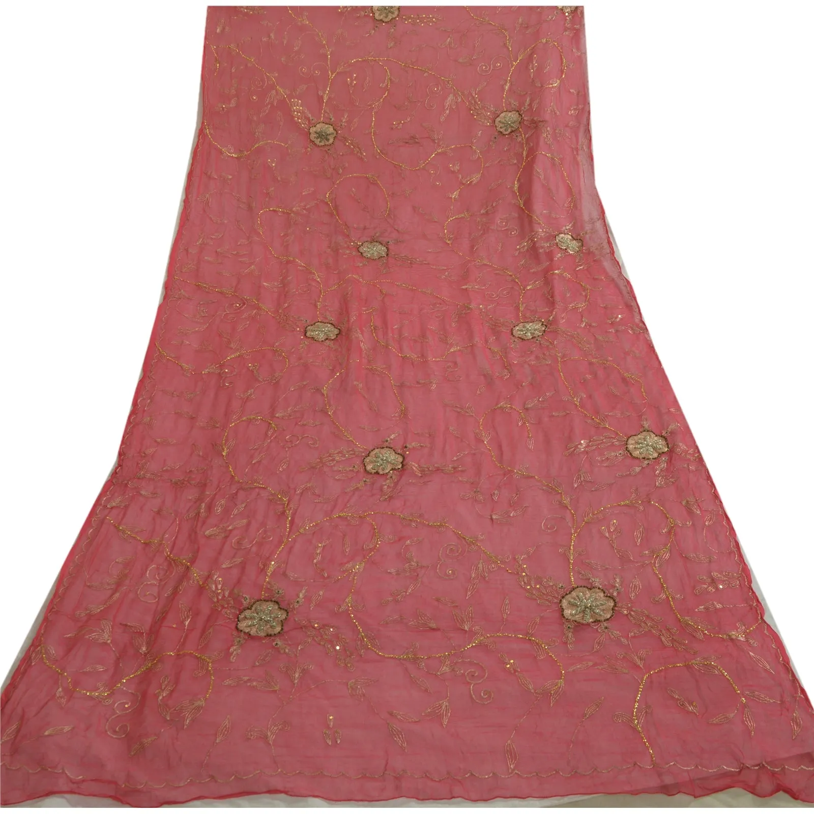 Sanskriti Vintage Long Red Dupatta/Stole Pure Chiffon Silk Hand Beaded Scarves