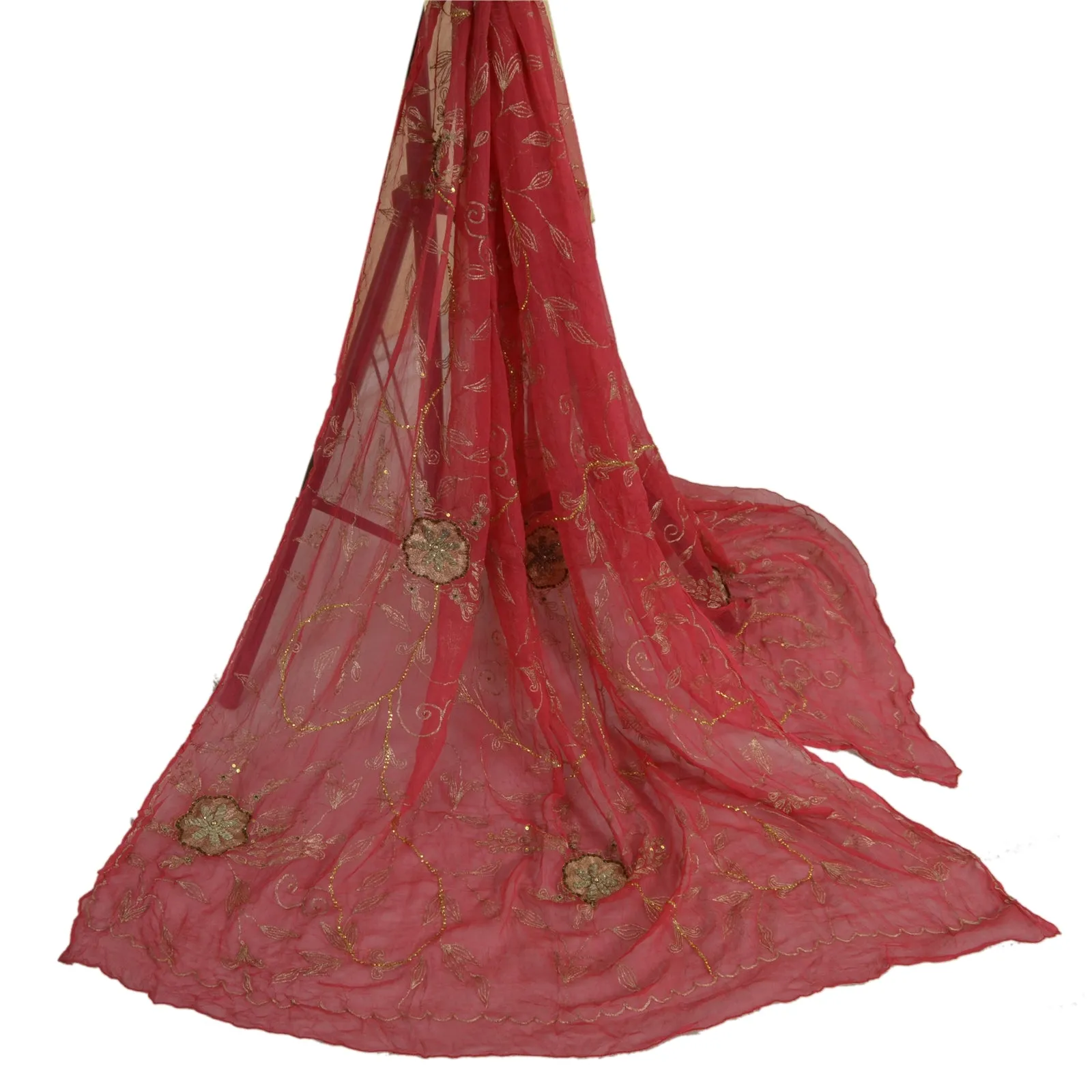 Sanskriti Vintage Long Red Dupatta/Stole Pure Chiffon Silk Hand Beaded Scarves