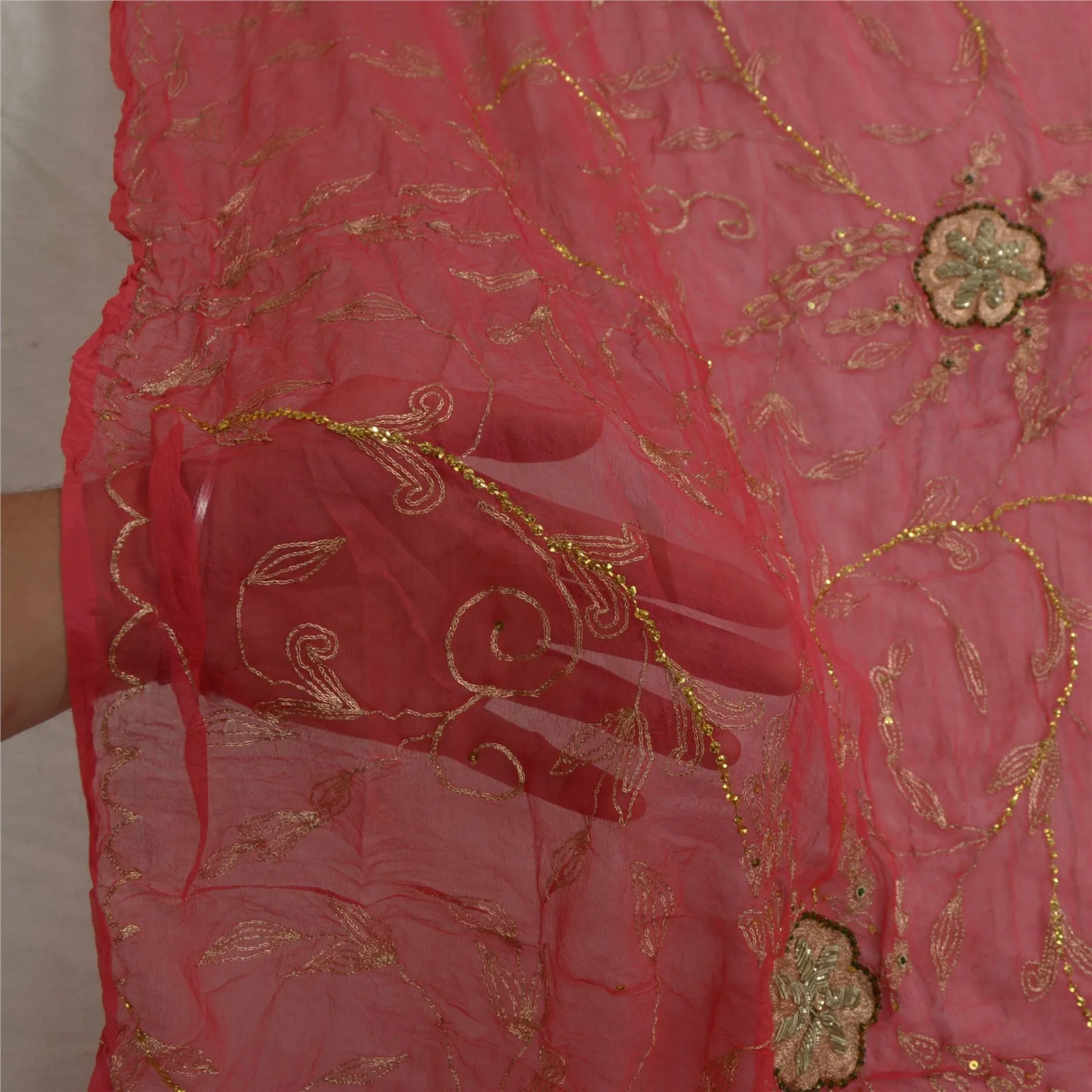 Sanskriti Vintage Long Red Dupatta/Stole Pure Chiffon Silk Hand Beaded Scarves