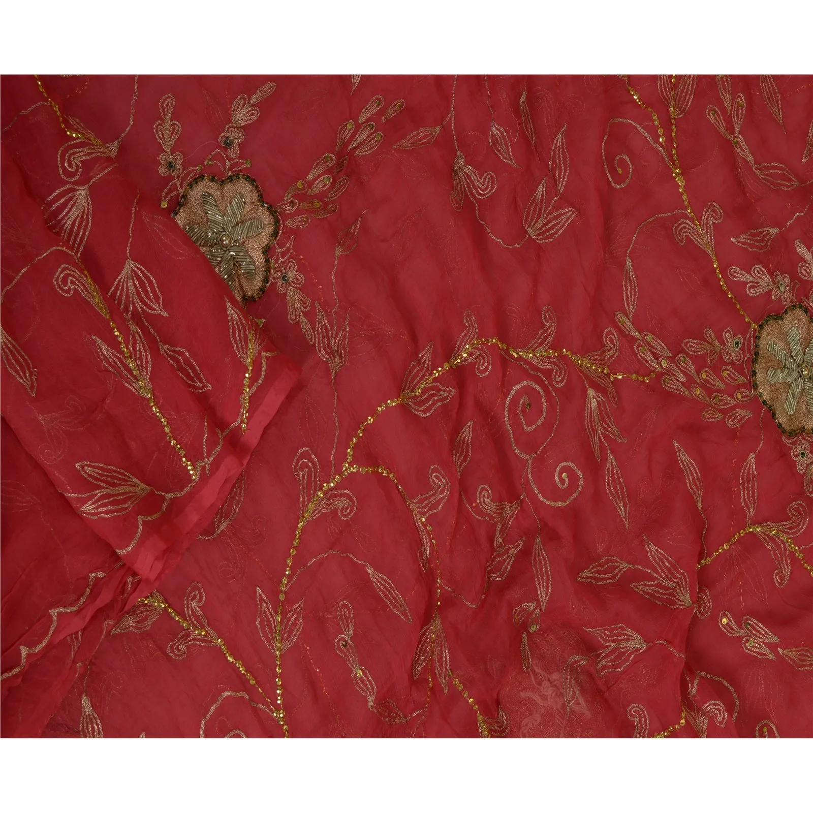 Sanskriti Vintage Long Red Dupatta/Stole Pure Chiffon Silk Hand Beaded Scarves