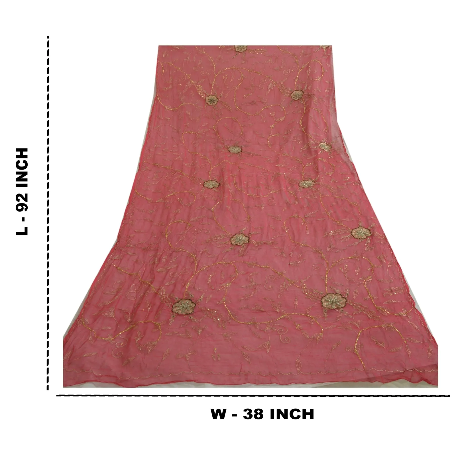 Sanskriti Vintage Long Red Dupatta/Stole Pure Chiffon Silk Hand Beaded Scarves