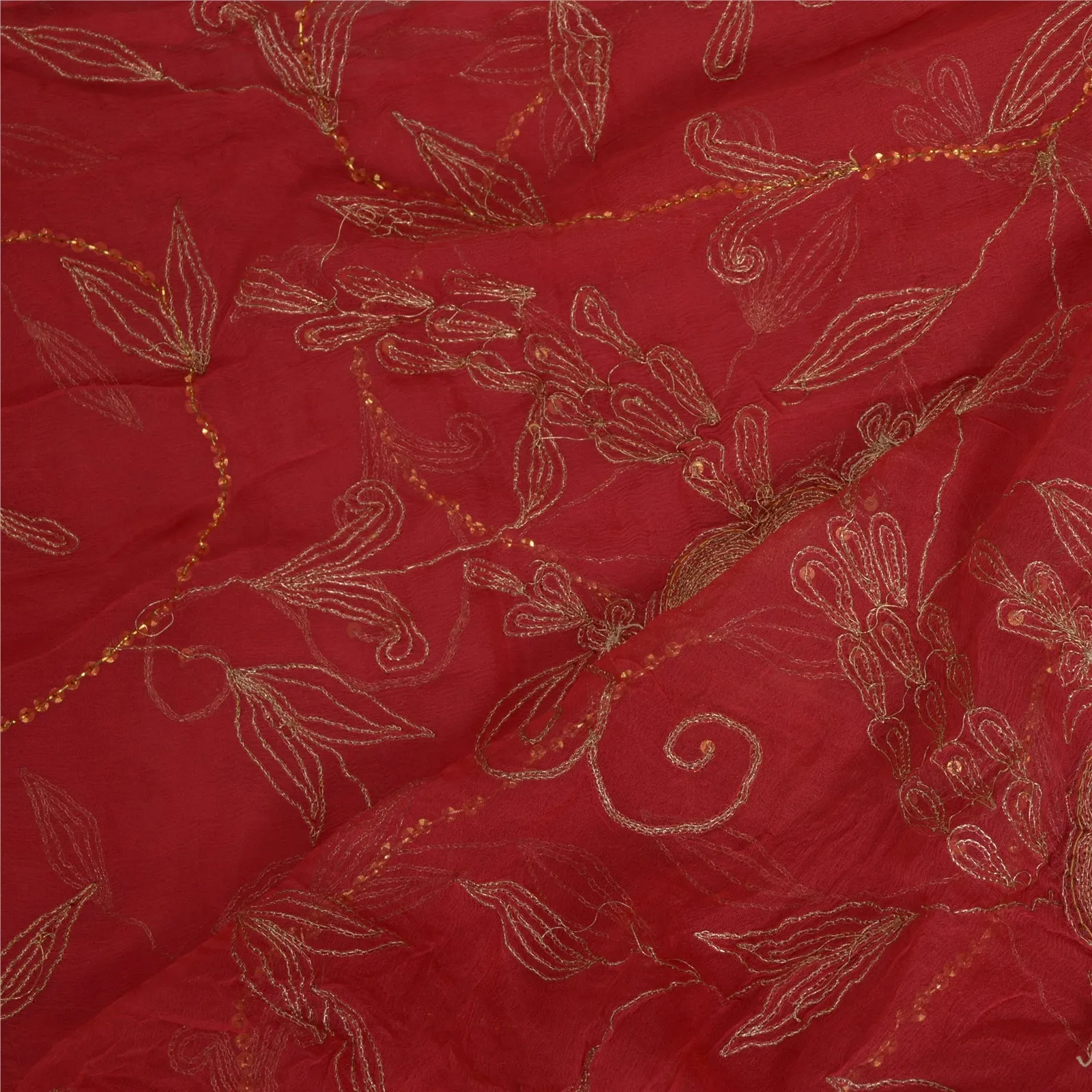 Sanskriti Vintage Long Red Dupatta/Stole Pure Chiffon Silk Hand Beaded Scarves