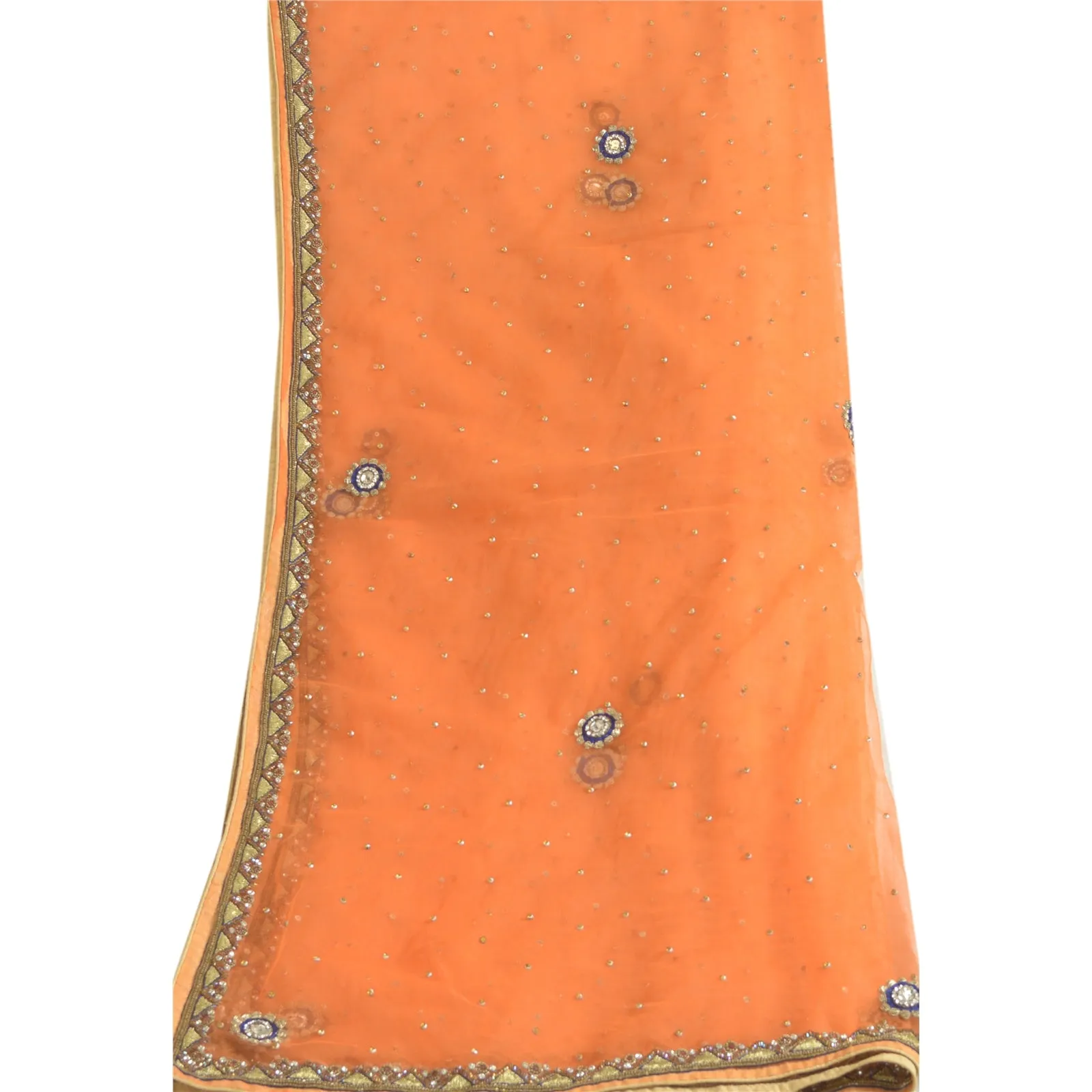 Sanskriti Vintage Orange Long Dupatta Stole Net Mesh Veil Hand Beaded Scarves