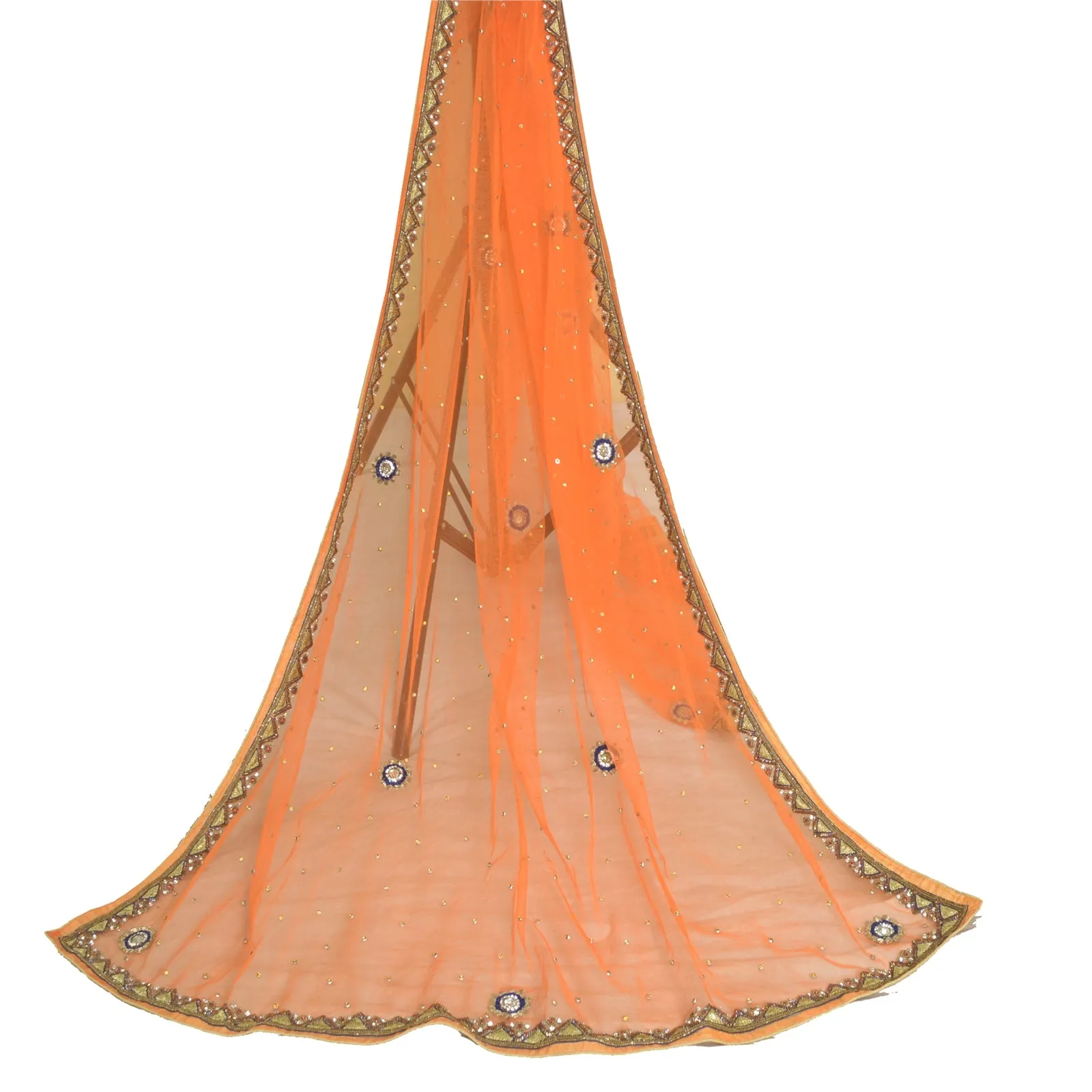 Sanskriti Vintage Orange Long Dupatta Stole Net Mesh Veil Hand Beaded Scarves